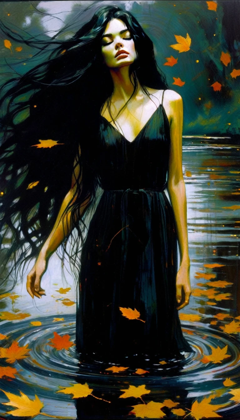 -girl, long black dress with straps, long black hair, eyes closed on the river, murky water, falling leaves, dark tone- (art inspired by Bill Sienkiewicz). oil painting)