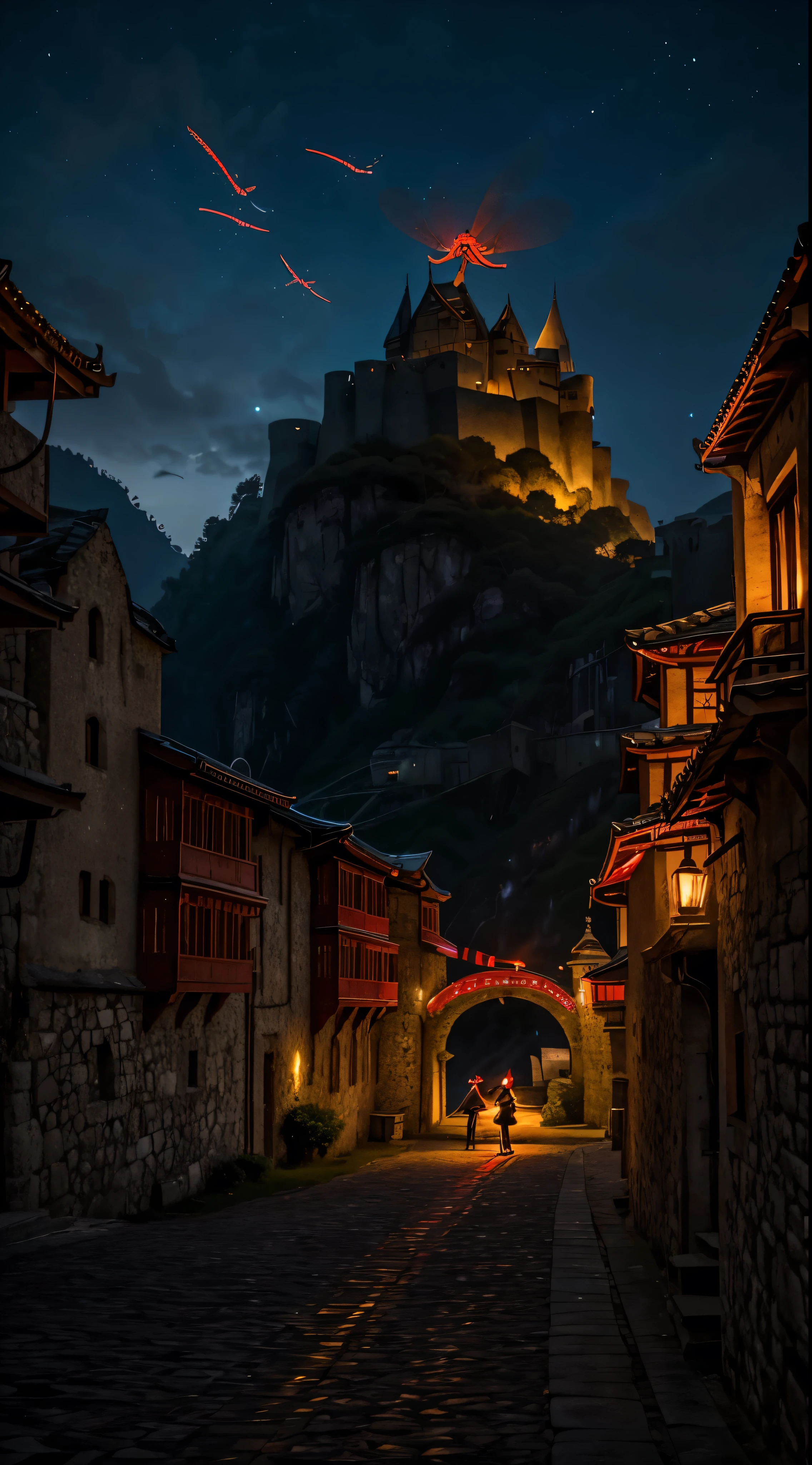 A scene from a movie。High-definition video Astepiece、An illustration、(Located in a remote mountain area、A huge military fortress made of steel)、Pale blue sky、Light of the sun、nature、(mountains)、No saturation、(A girl in a navy blue coat standing in the distance and walking towards a castle)、medium length red hair、Golan Heights、(A glowing red white dragon flies over the fortress)With magnificent image beauty