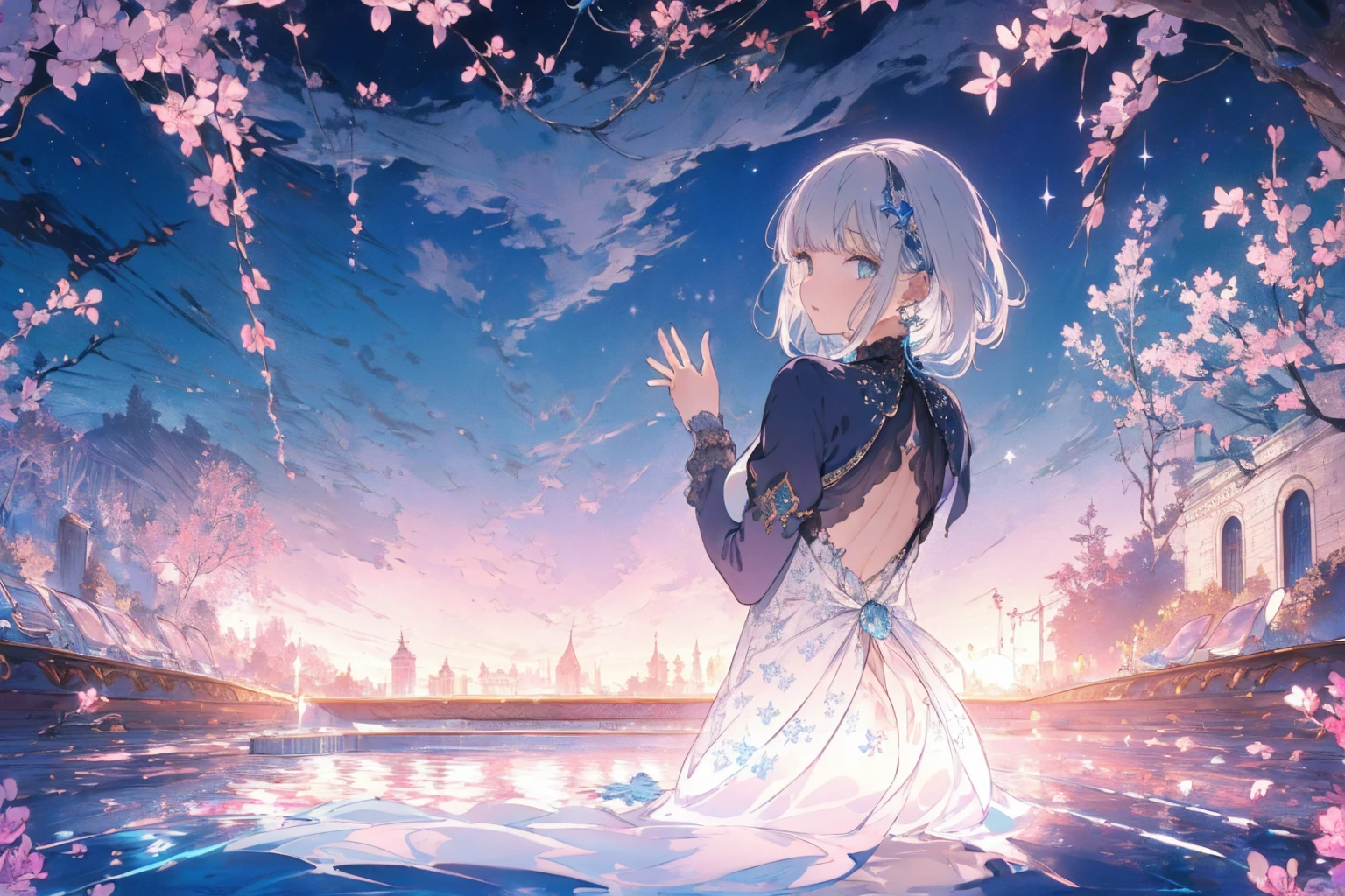 (view from behind photo:1.1, in blue marine:1.5), Masterpiece, best quality, (very detailed CG unity 8k wallpaper), (best quality), High definition RAW color art, Animation,sculptures, (pink Marble Skin), (((Ultra detailed elegant))), Magical atmosphere, Detailed skin, Texture,(Intricately detailed, Fine detail, ultra-detail art), depth of fields, bokeh, Silky Touch, Hyper Detail, beautiful eyes, Elegant Face, (lying on pool), sparkle background, (silver hair), pastel purple, fat, embarrassing red face, shorthair, dress, フリル
