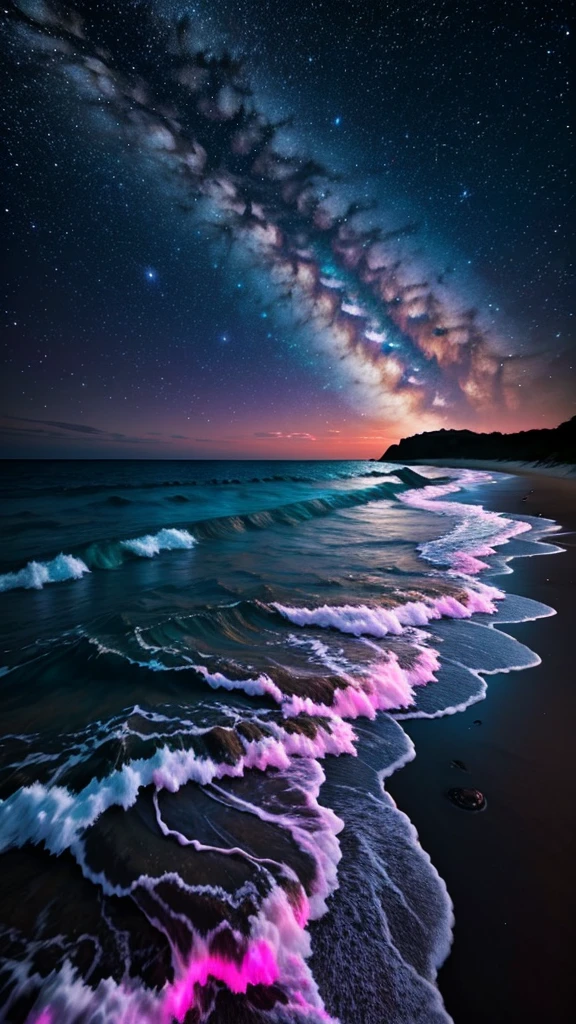 Bioluminescent stars shining in the sky, Pink half moon, Tukoi Sky, Soft cotton cloud, Turkish ocean waves, Shiny, Purple Water, Milky Way, Complementary lighting