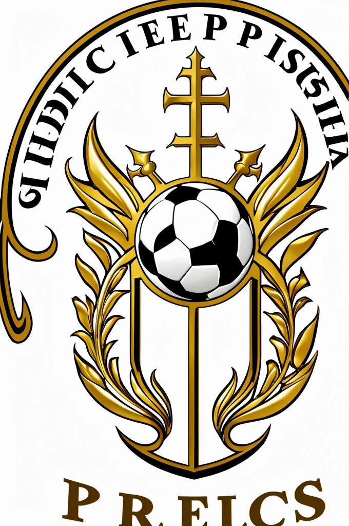 Create a logo for a soccer team called Priests FC. White with gold color