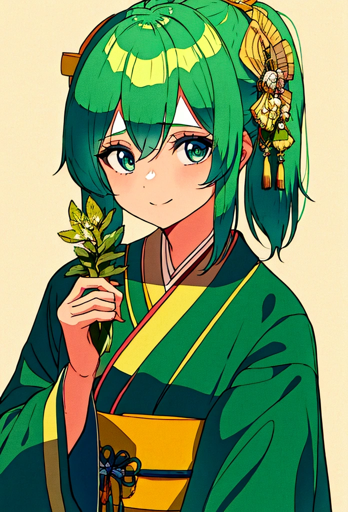  girl, green hair, baby blues, kimono, tied hair, very happy