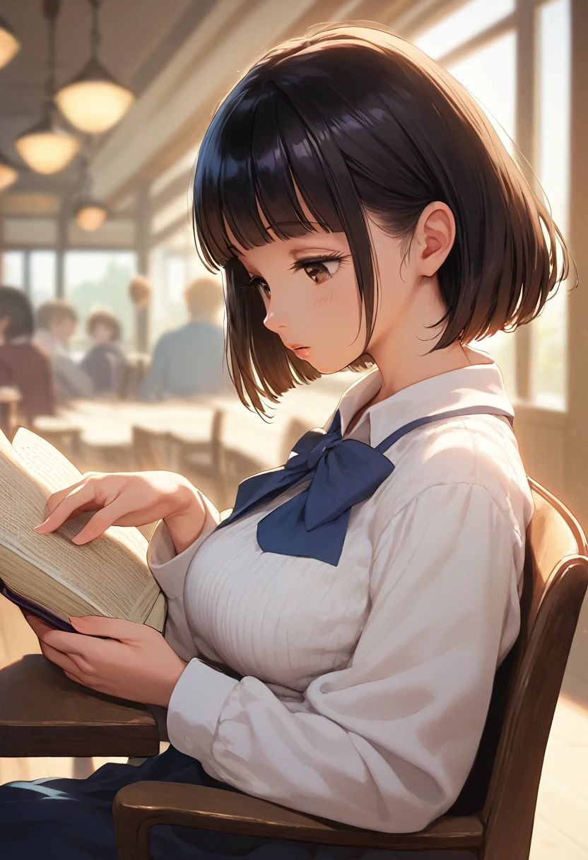 score_9,score_8_up,score_7_up,masterpiece,best quality, source anime, realistic, super detailed, extreme detailed, rating_safe,
1girl, sitting on chair, reading book, upper body, from side,
BREAK girl, 22yo, short hair, bob cut, (blunt bangs), black hair, (tareme, detailed cute brown eyes), curled eyelashes, (large breasts:0.9), 
shiny hair, beautiful detailed eyes, beautiful face,
white sweater, 
half-closed eyes, (sad:0.8), parted lips,
cafe, warm light,  