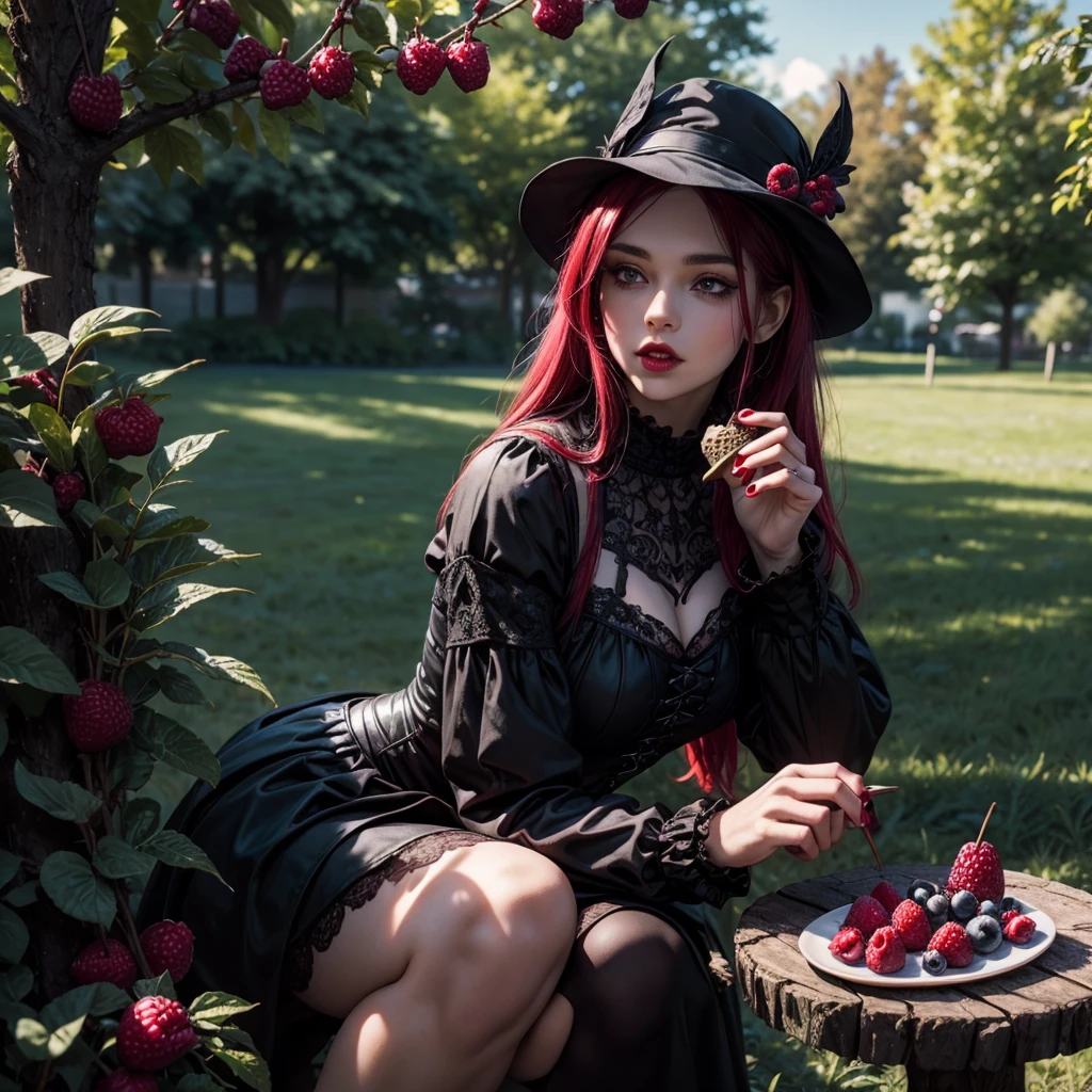 A gothic girl eating a (gothic ice cream in dark red and black, decorated with blueberries and raspberries), under a tree, contrasting sunny day,  outdoors.