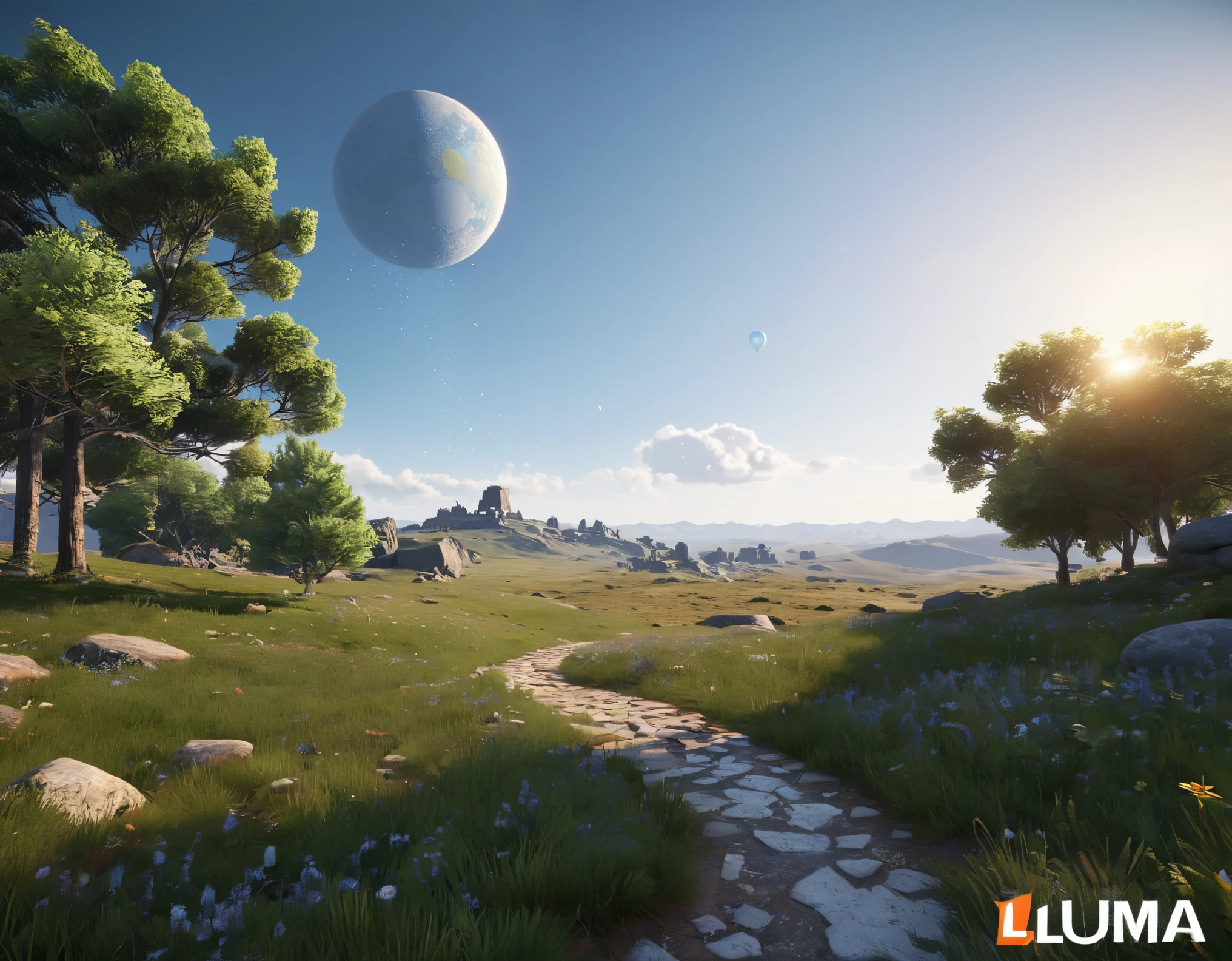 Generate an image inspired by Luma AI's Interactive Scenes v1.2 announcement. Create a stunning outdoor scene with Gaussian Splats, approaching Luma NeRF quality. Showcase the clarity of details and advances in sky and background quality. The image should be UHD and 8K, focusing on realistic rendering and intricate detailing, pushing the capabilities of Midjourney and Luma AI.