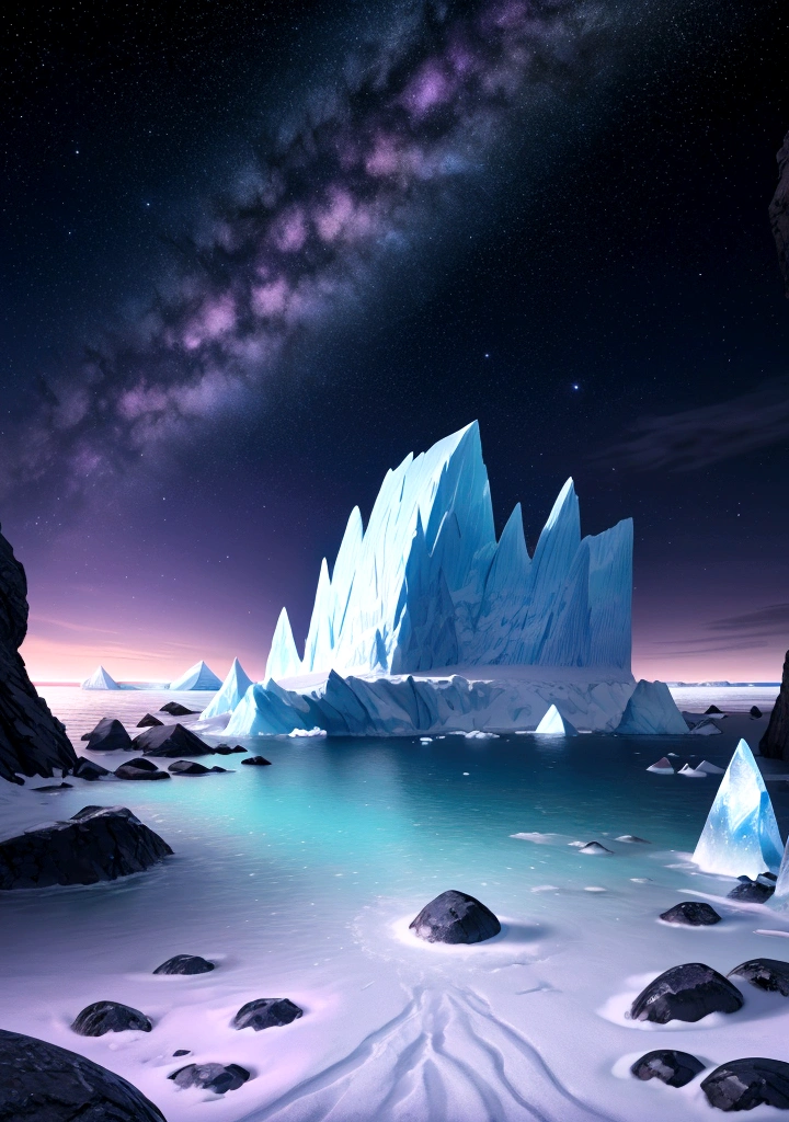 This is a surreal and elaborate CG rendering. At night, Pale blue sky, A glacier covering the beach, purple heart-shaped stones, Luminous Path, rose, Moon, Starlight, art, High resolution, Starry Sky, many tiny and colorful luminous particles, Illuminated by the Milky Way, Arctic Circle, Tundra and icebergs, Fantasy, Attention to detail, beauty, 8K, The Light and Shadow of Octane Rating, Intricate details, Ultra Wide Angle, Panorama shooting, 8K. High resolution.Volumetric Light - ar 9:16 - upbeta