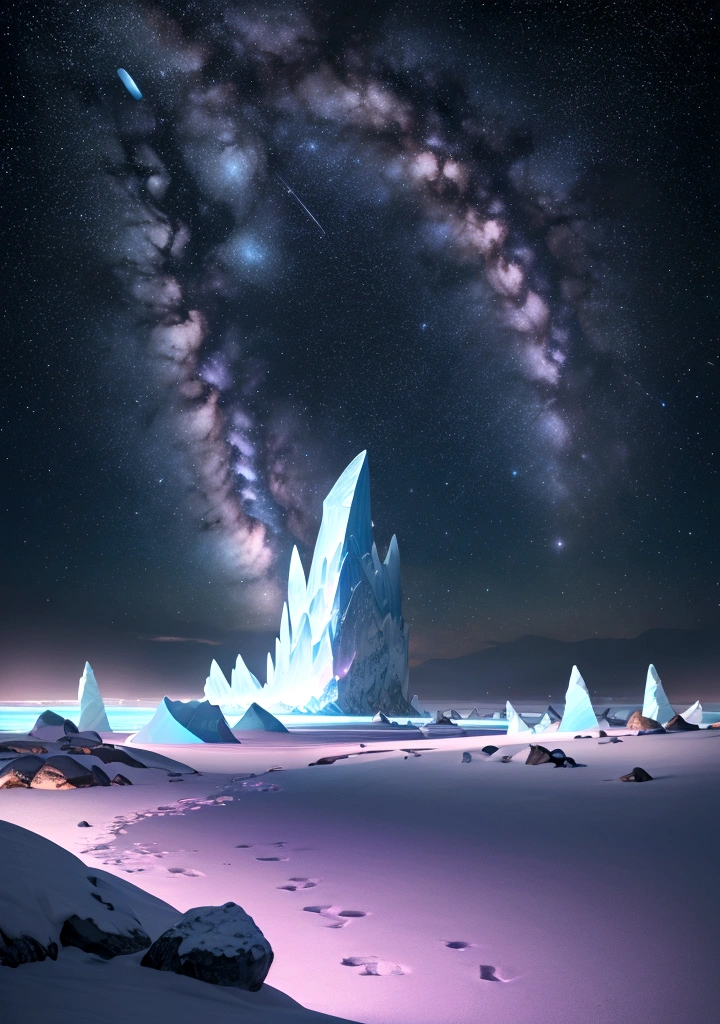 This is a surreal and elaborate CG rendering. At night, Pale blue sky, A glacier covering the beach, purple heart-shaped stones, Luminous Path, rose, Moon, Starlight, art, High resolution, Starry Sky, many tiny and colorful luminous particles, Illuminated by the Milky Way, Arctic Circle, Tundra and icebergs, Fantasy, Attention to detail, beauty, 8K, The Light and Shadow of Octane Rating, Intricate details, Ultra Wide Angle, Panorama shooting, 8K. High resolution.Volumetric Light - ar 9:16 - upbeta