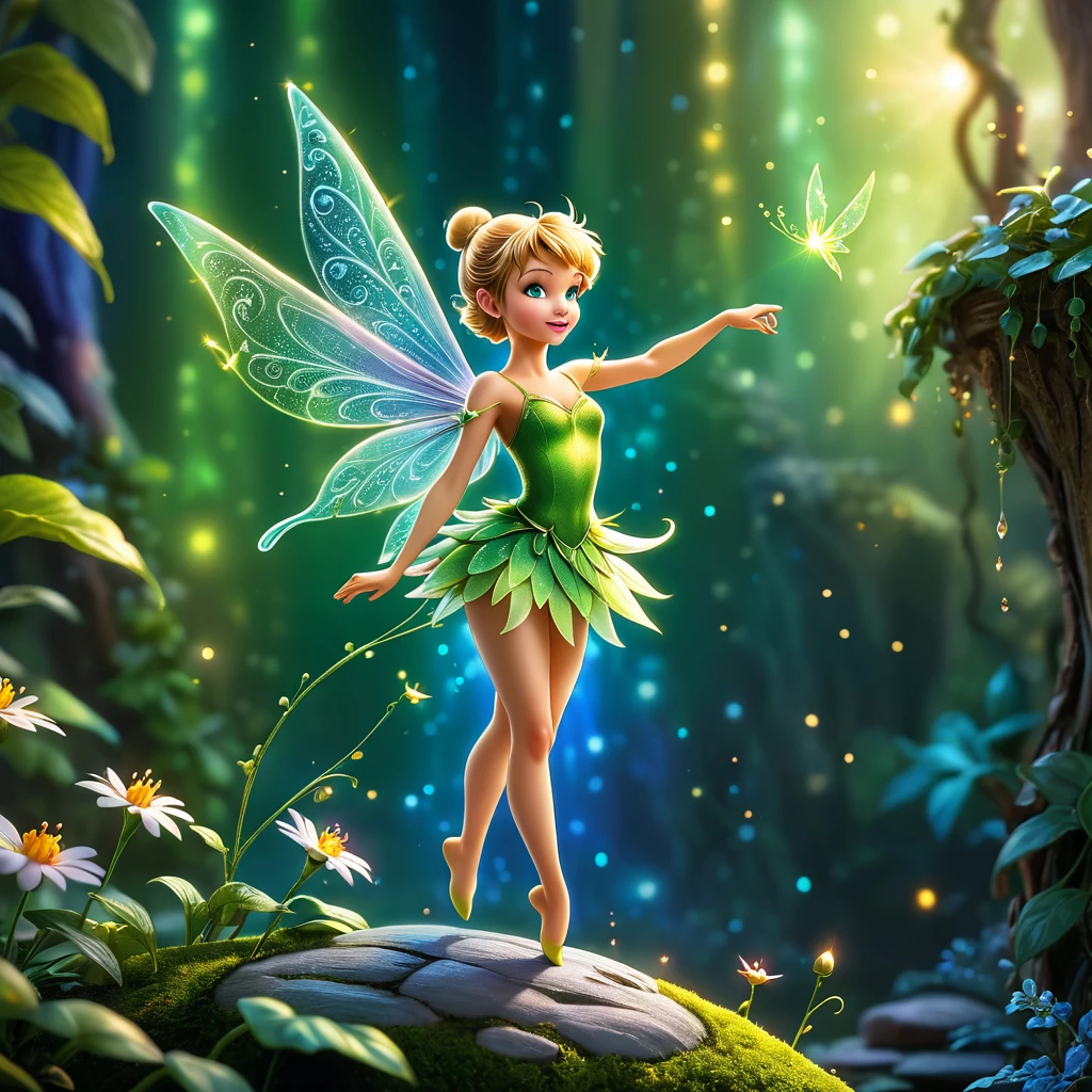 Stunning macro photograph that captures a tiny, cute and delicate Tinker Bell fairy, perched delicately on a fingertip, seemingly eager to take flight.The fairy, adorned with large, glowing wings and intricate particle details, emanates an enchanting aura, possibly an odor.The background is a natural, serene setting that seamlessly blends with the fantastical creature. Fantasy realism and miniature world creates a sense of wonder, delight,and amazenament,vibrant colors,hdr,8k