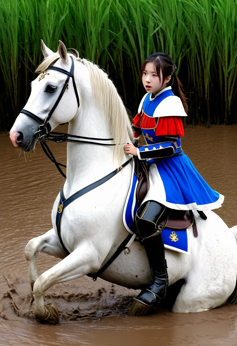 (((masterpiece))),(((Highest quality))),((Tabletop:1.4, Highest quality)), (Realな写真:1.4),
((1 cute girl knight)),rodeo,horse standing,Surprised face,
(超High resolution:1.2),, wonderful, Very detailed CG Unity 8k wallpaper, Very detailed, High resolution,fat horse ridden by japanese girl,Chubby,Plump,Double,Red, white and blue outfit,Soaking in the swamp,Mud Splash,
Soft Light, Beautiful detailed girl, Droopy eyes,Very detailedな目と顔, Beautiful and exquisite nose, Beautiful and exquisite, horse ridden by a girl can't stand up because its drowned in the sticky muddy pitfall:10.0 ,Displeased face:4.0,Real,Stir,Anatomically correct,action horse riding scene while struggle fighting