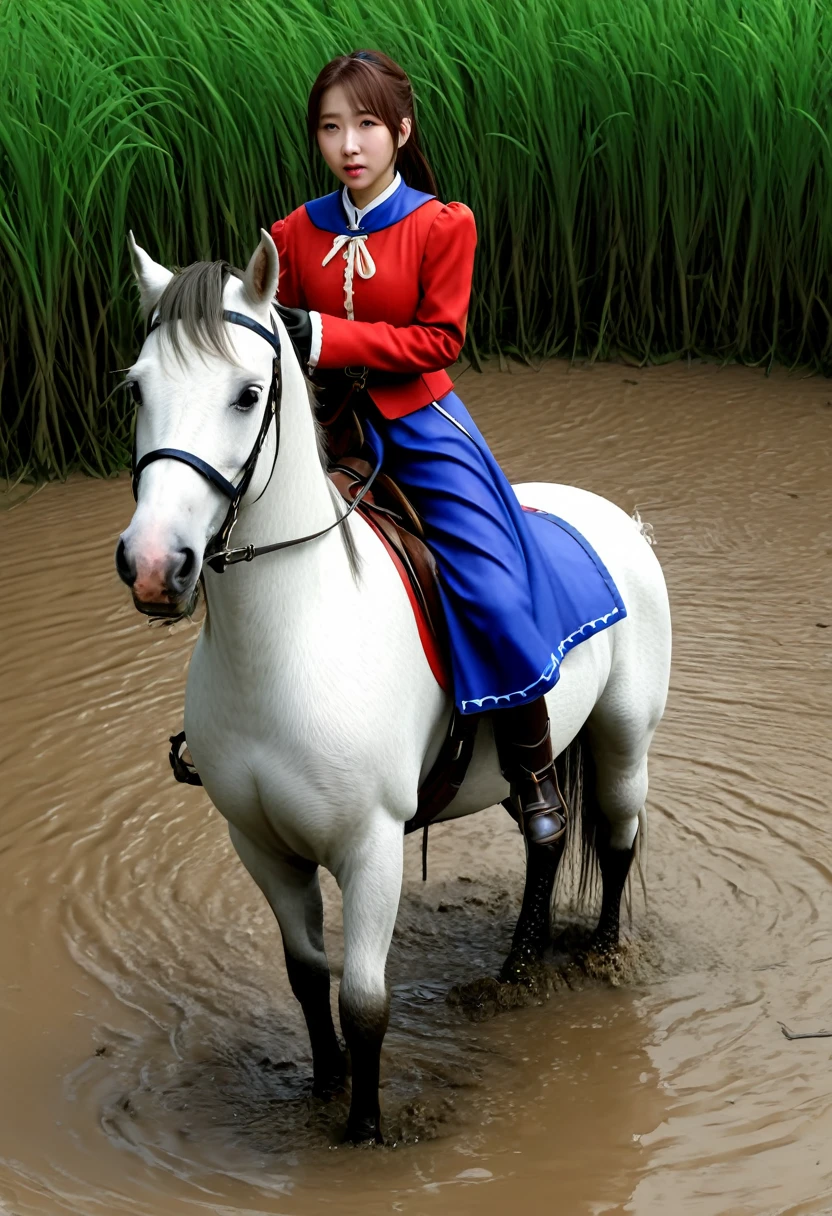 (((masterpiece))),(((Highest quality))),((Tabletop:1.4, Highest quality)), (Realな写真:1.4),
((1 cute girl knight)),rodeo,horse standing,Surprised face,
(超High resolution:1.2),, wonderful, Very detailed CG Unity 8k wallpaper, Very detailed, High resolution,fat horse ridden by japanese girl,Chubby,Plump,Double,Red, white and blue outfit,Soaking in the swamp,Mud Splash,
Soft Light, Beautiful detailed girl, Droopy eyes,Very detailedな目と顔, Beautiful and exquisite nose, Beautiful and exquisite, horse ridden by a girl can't stand up because its drowned in the sticky muddy pitfall:10.0 ,Displeased face:4.0,Real,Stir,Anatomically correct,action horse riding scene while struggle fighting