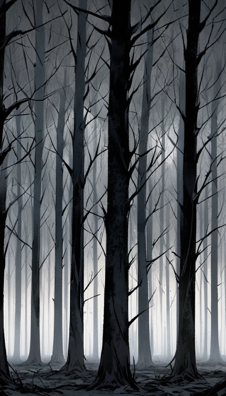 A Forest with black trees no leaves, gloomy atmopshere, short trees