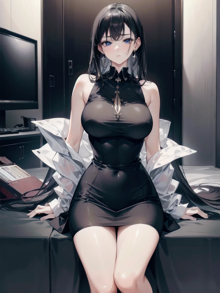 absurdres, RAW photo, extremely delicate and beautiful, masterpiece, Best Quality, ultra high resolution, 32k, hyperrealistic, ultra-detailed, in her 20s, delicate facial features, tearful mole, earring, big breasts, full body shot, shorter middle hair, black hair, short pencil skirt, black shirt, (collared dress shirt), sleeveless,