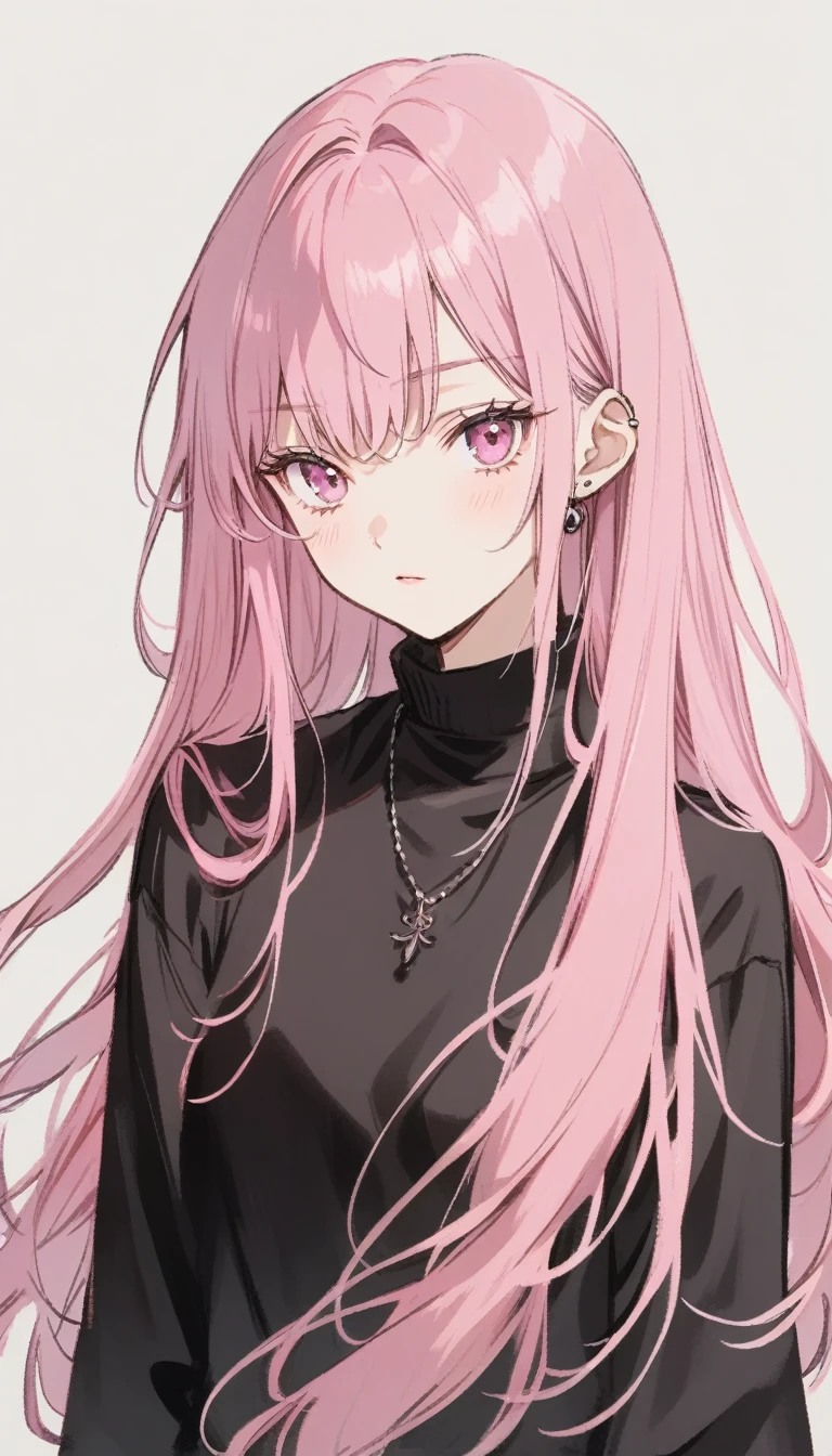 Pink hair, dark pink eyes, spot under the right eye, long hair, black clothes