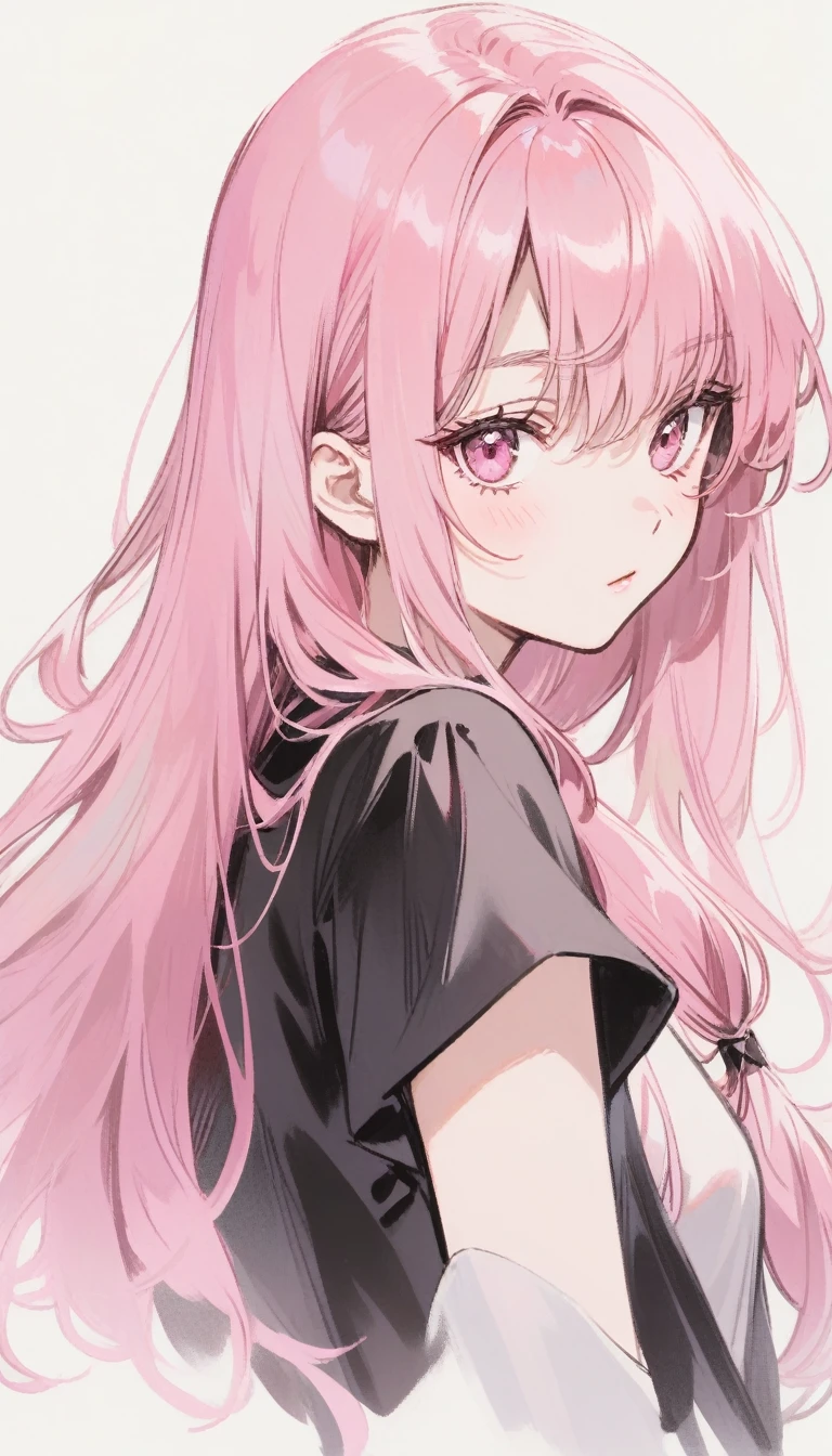 Pink hair, dark pink eyes, spot under the right eye, long hair, black clothes