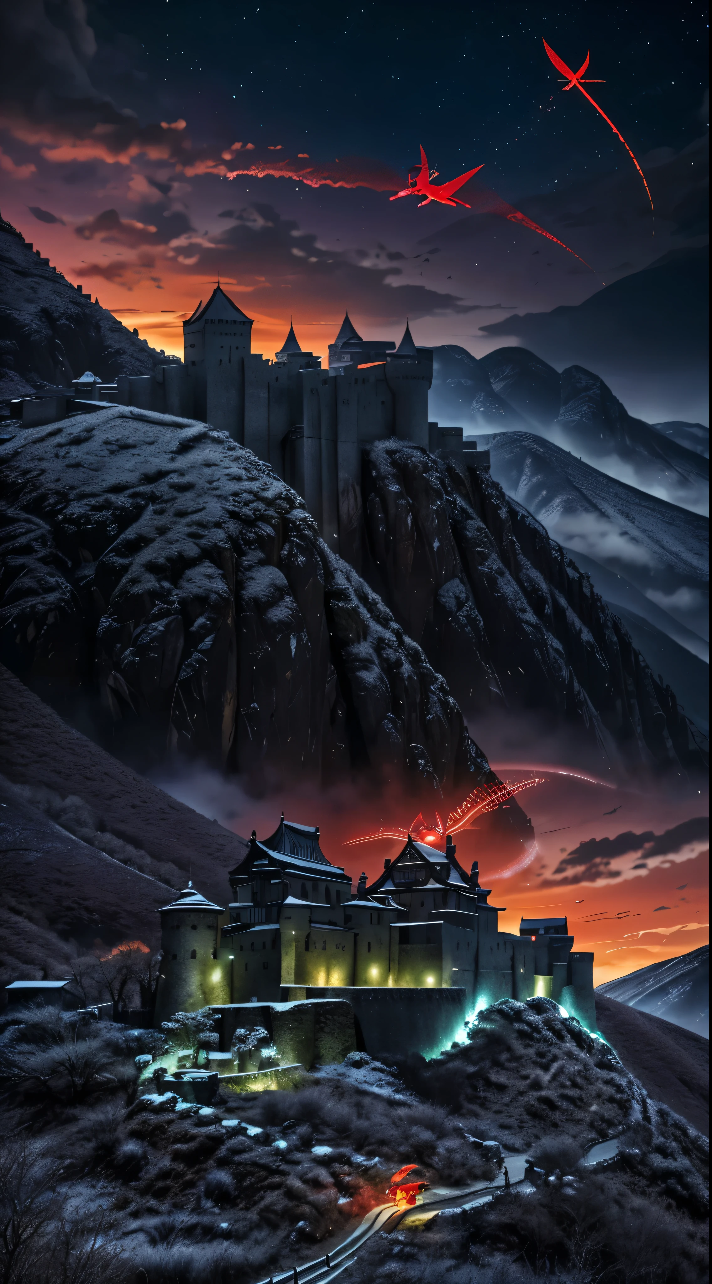 A scene from a movie。High-definition video Astepiece、An illustration、(Located in a remote mountain area、A huge military fortress made of steel)、Pale blue sky、Light of the sun、nature、(mountains)、No saturation、(A girl in a navy blue coat standing in the distance and walking towards a castle)、medium length red hair、Golan Heights、(A glowing red white dragon flies over the fortress)With magnificent image beauty