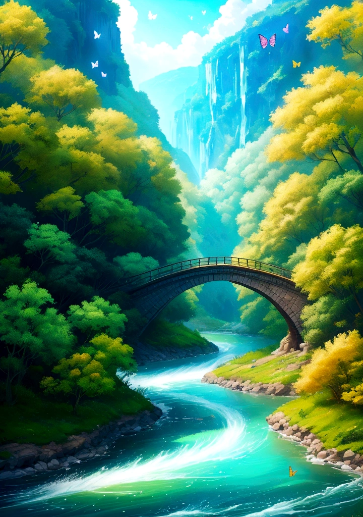 Beautiful energy art that gives power to the viewer。Landscape images。Butterflies dancing by the river。Fantastic。dream-like。Fantasy。