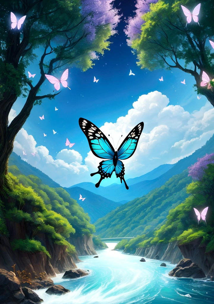 Beautiful energy art that gives power to the viewer。Landscape images。Butterflies dancing by the river。Fantastic。dream-like。Fantasy。
