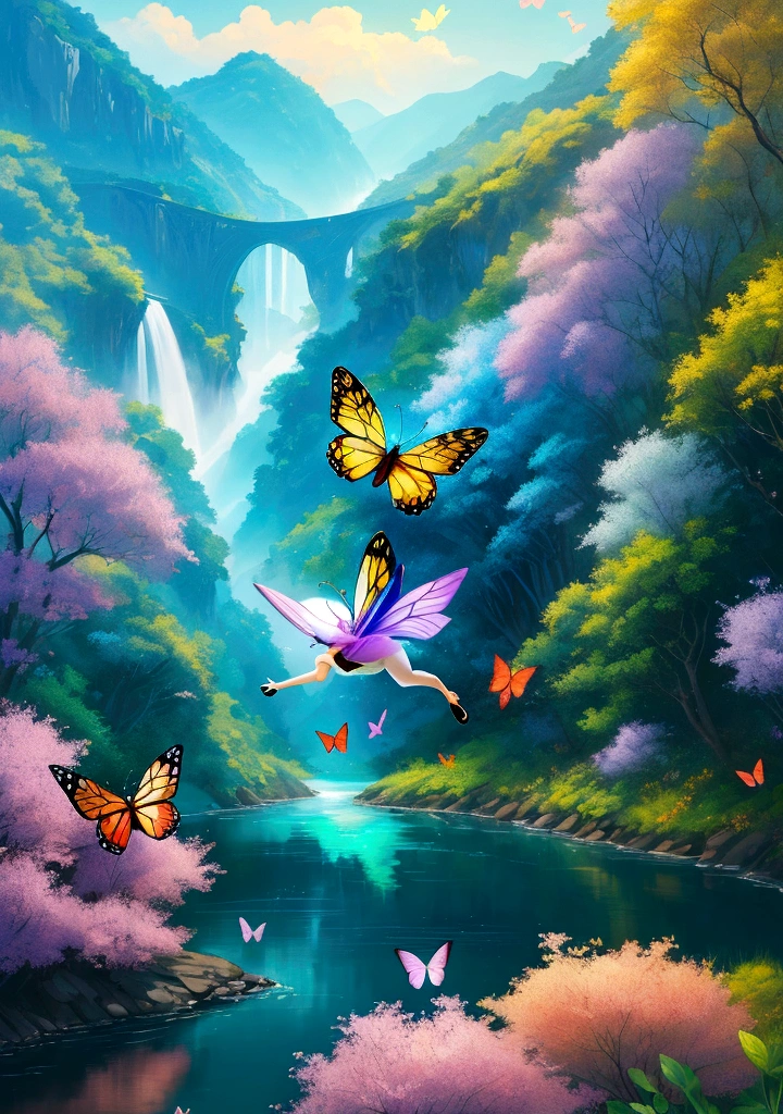 Beautiful energy art that gives power to the viewer。Landscape images。Butterflies dancing by the river。Fantastic。dream-like。Fantasy。