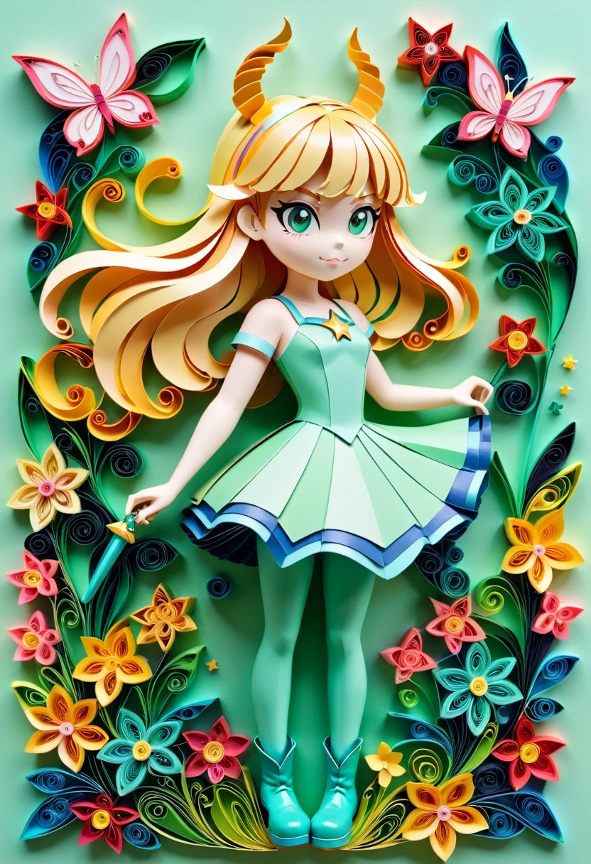 (paper art，layered paper art，paper quilling, Paper cutting art), against a pure white background, Garden girl，(high detail, masterpiece, highest quality, uhd) The painting is expected to capture Star Butterfly in an iconic moment that represents her adventurous spirit, your magical strength and your vibrant personality. The setting should be an environment that reflects the mix of magical realms and interdimensional adventures, characteristic of the series. Star Butterfly: Star must be in the center of the composition, in a dynamic and confident pose. She is dressed in her classic costume: a mint green dress, leggings coloridas, and her iconic unicorn boots. His devil horns on his head and his magic wand in one hand are essential to identify the character.. Expression and posture: Star&#39;s expression must be cheerful and determined, with a big smile on your face and eyes shining with enthusiasm. Your stance can be one of action, as if preparing to cast a spell or leading an adventure. Magic wand: Star&#39;s magic wand must be represented in detail, with its iconic butterfly wings and star design. She must emit a glowing aura of magic, with sparks and waves of energy all around, suggesting it is ready to use. scenario: The setting should be a fusion between the magical kingdom of Mewni and the earthly environment of Echo Creek. This can include elements like floating castles, dimensional portals, and fantastic landscapes combined with everyday elements, such as lampposts and school buildings. magic elements: Include magical creatures, like flying ponies, friendly monsters and exotic plants that bloom in bright colors, to bring Star&#39;s magical world to life. frame Diaz: Star&#39;s best friend, frame, can be included in the scene, maybe in the background or next to it, wearing his traditional red coat