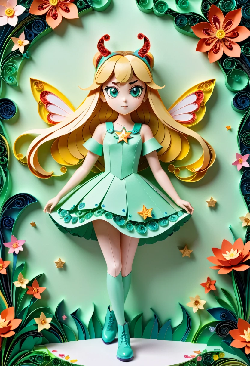 (paper art，layered paper art，paper quilling, Paper cutting art), against a pure white background, Garden girl，(high detail, masterpiece, highest quality, uhd) The painting is expected to capture Star Butterfly in an iconic moment that represents her adventurous spirit, your magical strength and your vibrant personality. The setting should be an environment that reflects the mix of magical realms and interdimensional adventures, characteristic of the series. Star Butterfly: Star must be in the center of the composition, in a dynamic and confident pose. She is dressed in her classic costume: a mint green dress, leggings coloridas, and her iconic unicorn boots. His devil horns on his head and his magic wand in one hand are essential to identify the character.. Expression and posture: Star&#39;s expression must be cheerful and determined, with a big smile on your face and eyes shining with enthusiasm. Your stance can be one of action, as if preparing to cast a spell or leading an adventure. Magic wand: Star&#39;s magic wand must be represented in detail, with its iconic butterfly wings and star design. She must emit a glowing aura of magic, with sparks and waves of energy all around, suggesting it is ready to use. scenario: The setting should be a fusion between the magical kingdom of Mewni and the earthly environment of Echo Creek. This can include elements like floating castles, dimensional portals, and fantastic landscapes combined with everyday elements, such as lampposts and school buildings. magic elements: Include magical creatures, like flying ponies, friendly monsters and exotic plants that bloom in bright colors, to bring Star&#39;s magical world to life. frame Diaz: Star&#39;s best friend, frame, can be included in the scene, maybe in the background or next to it, wearing his traditional red coat