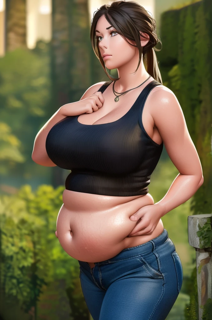 (masterpiece quality1.1), (insanely sophisticated detailed1.2), (realistic detailed beautiful face1.3), (1girl), beautiful face, RAW photo, best quality, high resolution, (masterpiece), Lara Croft, establishing shot, messy brunette hair tied back, skintight light gray tank top, skintight beige cargo pants, walking inside ancient temple, ((massive belly)), ((incredibly overstuffed belly)), (photorealistic:1.4), dynamic volumetric lighting, professional photography, sharp focus, HDR, 8K resolution, beautiful angular face, high rating, intricate detail, sophisticated detail, depth of field, detailed soft eyes, big eyes, chubby, soft fat, smooth skin, tight clothes, undersized clothes, (correct anatomy1.6), ((hyper swollen belly1.5))