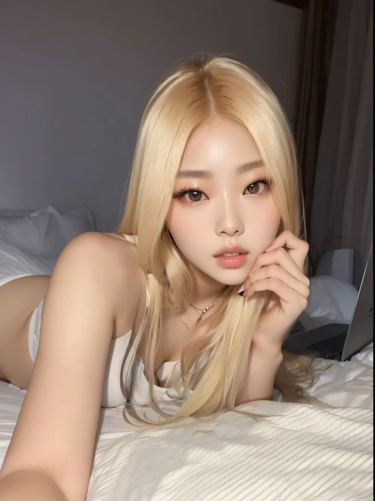 araffed woman laying on a bed with a laptop in her lap, korean girl, gorgeous young korean woman, beautiful south korean woman, wan adorable korean face, roseanne park of blackpink, ulzzang, young adorable korean face, sexy look at the camera, beautiful young korean woman, long blonde hair and big eyes, shikamimi, posing in a bedroom