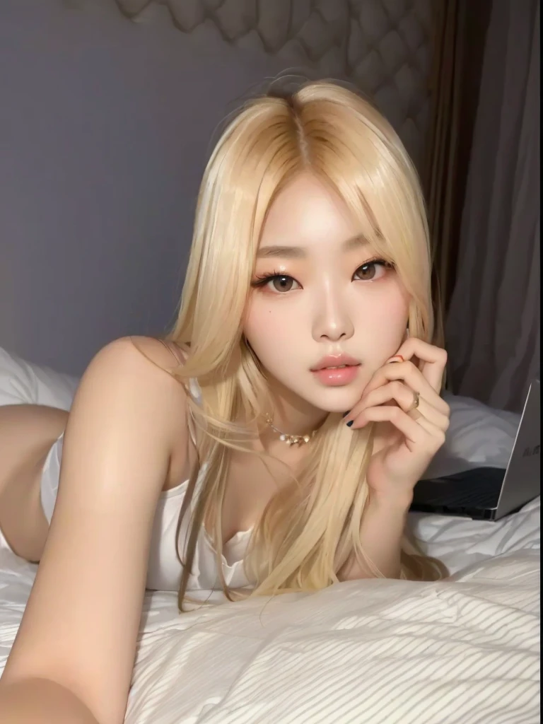 araffed woman laying on a bed with a laptop in her lap, korean girl, gorgeous young korean woman, beautiful south korean woman, wan adorable korean face, roseanne park of blackpink, ulzzang, young adorable korean face, sexy look at the camera, beautiful young korean woman, long blonde hair and big eyes, shikamimi, posing in a bedroom