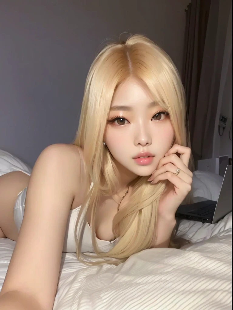 araffed woman laying on a bed with a laptop in her lap, korean girl, gorgeous young korean woman, beautiful south korean woman, wan adorable korean face, roseanne park of blackpink, ulzzang, young adorable korean face, sexy look at the camera, beautiful young korean woman, long blonde hair and big eyes, shikamimi, posing in a bedroom