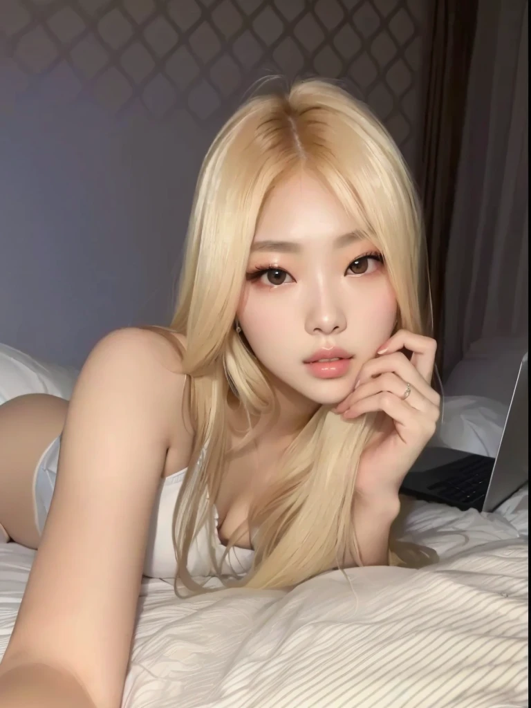 araffed woman laying on a bed with a laptop in her lap, korean girl, gorgeous young korean woman, beautiful south korean woman, wan adorable korean face, roseanne park of blackpink, ulzzang, young adorable korean face, sexy look at the camera, beautiful young korean woman, long blonde hair and big eyes, shikamimi, posing in a bedroom