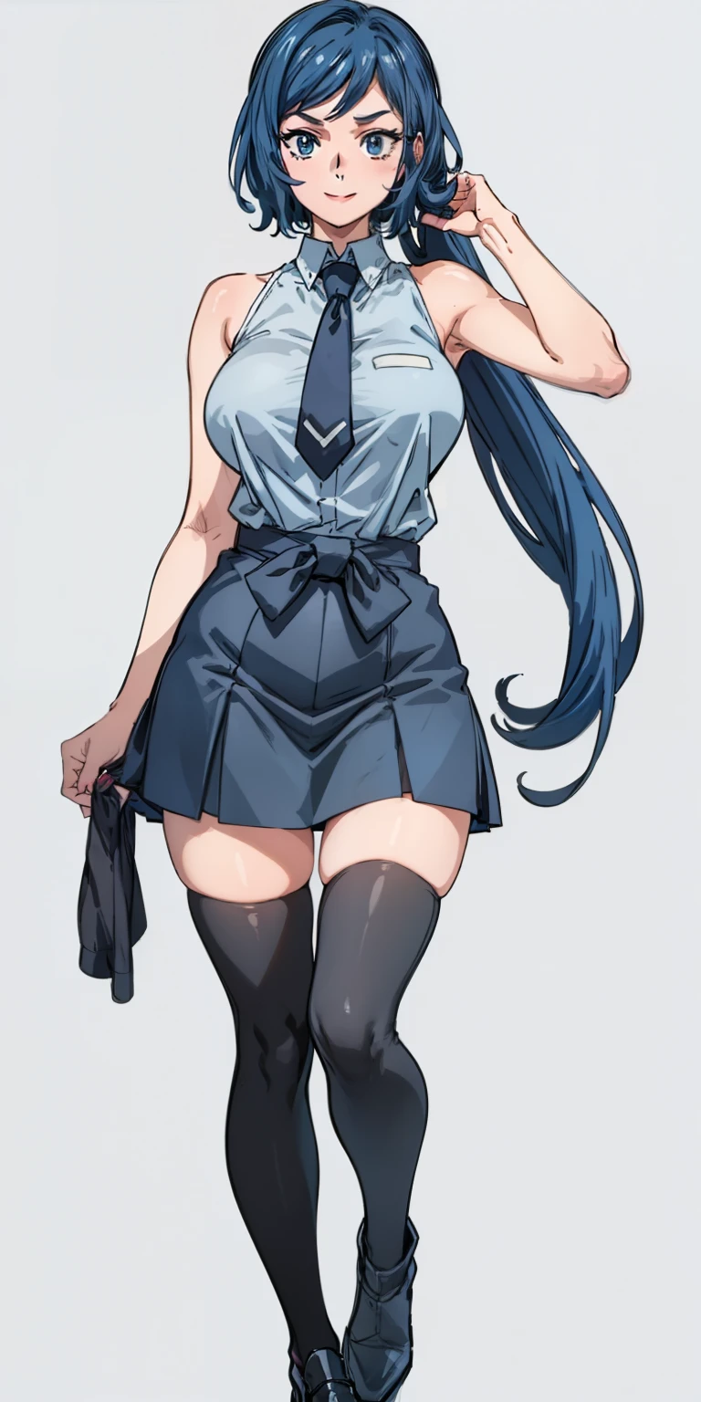 (Masterpiece,), Best Quality, ultra-detailed, perfect hands, perfect legs, Delicate eye expression, delicate face expression., 1girl (rinko_iori, Slender and sexy body, huge breasts, wide hips, naked body, dark blue hair, long hair, blue eyes ),closed mouth(wicked smile), a come-hither look, red lipstick, solo, sleeveless shirt, grey shirt, detached sleeves, necktie, arm tattoo, skirt, thighhighs, thigh boots,,full body, at a car racetrack , standing,Sexy waist teasing, a provocative pose ,