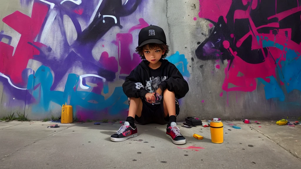 arafed child sitting on a skateboard in front of a graffiti, graffiti in the background, Taken on iPhone 10, graffiti in background, Graffiti Mania, child, Doodle Monster, Graffiti art splattered, painted on a giant wall, Portraiture, little , Street Art 8k, On the concrete ground, Shooting with iPhone 1 3 Pro Max