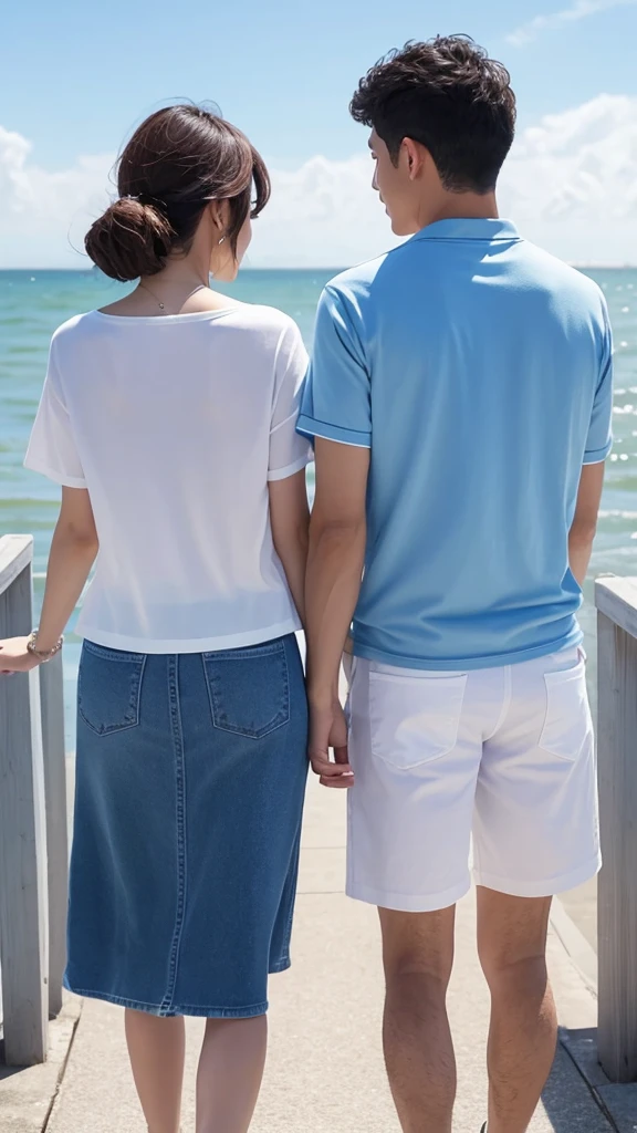 Blue sky with white clouds Seaside Pier Casual clothing Male and female back view