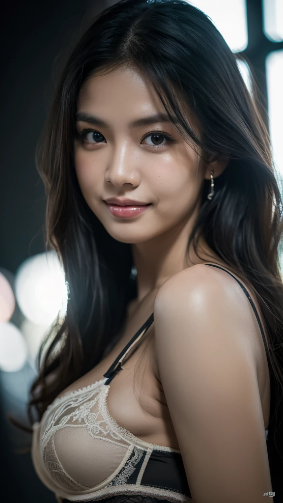 highest quality, epic realistic, ((in the pitch black darkness :1.4)), ((portrait:1.5)),(background: dark ) high contrast ,glorious picture, lowest lux, lighting face, she's comfortable, wearing white lingerie, looks incredible, (8k, Raw photo, Highest quality),(epic realistic:1.5), a woman, face,(detailed eyes:0.8),(looking at the camera:1.4), (Highest quality), ( high contrast, deep shadows),Intricate details,cinematic,((skin:1.4)), (long dark hair:1.3), long hair, messy ,(Hdr:1.5),Detailed, colors, Superior quality, Masterpiece, Raw Photo (20-year-old, looking at viewer), beautiful, (wearing underwear, bra and panties), perfect, natural, perfect composition, portrait, perfect face, smiling expression, Captivating eyes, Bright details, Tight lips, (High Skin Detail),, (blue tint: 0.6), (sale: 0.8), (bloody: 0.7), Key lighting , (backlight: 0.5), Medium depth of field, Canon 5d, 50mm lens, f/4 apertures, (Ultra-detailed, Complex detail), sharp focus, soft colors, 8k, Absurd, 80mm, dark background, photography, smiling, pinay, filipina, medium ,