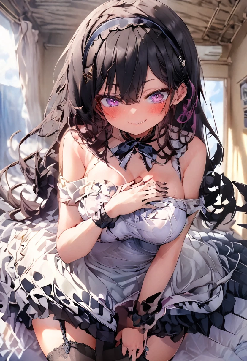 (masterpiece),(score_9,score_8_up,score_7_up),best quality, expressive eyes, perfect face, natural lighting, blurred background, 1girl, (purple eyes, swirly eyes), ((black hair, smooth hair, long hair)), (medium breasts, wide thighs, slim waist), (black hairband, black off shoulder frilled dress, thigh-highs, garter straps, high heels, gothic makeup), ([blush], smirk, smug face, tease), (full body, front view, leaning front, hand over breasts, seductive pose), (messy bedroom background)