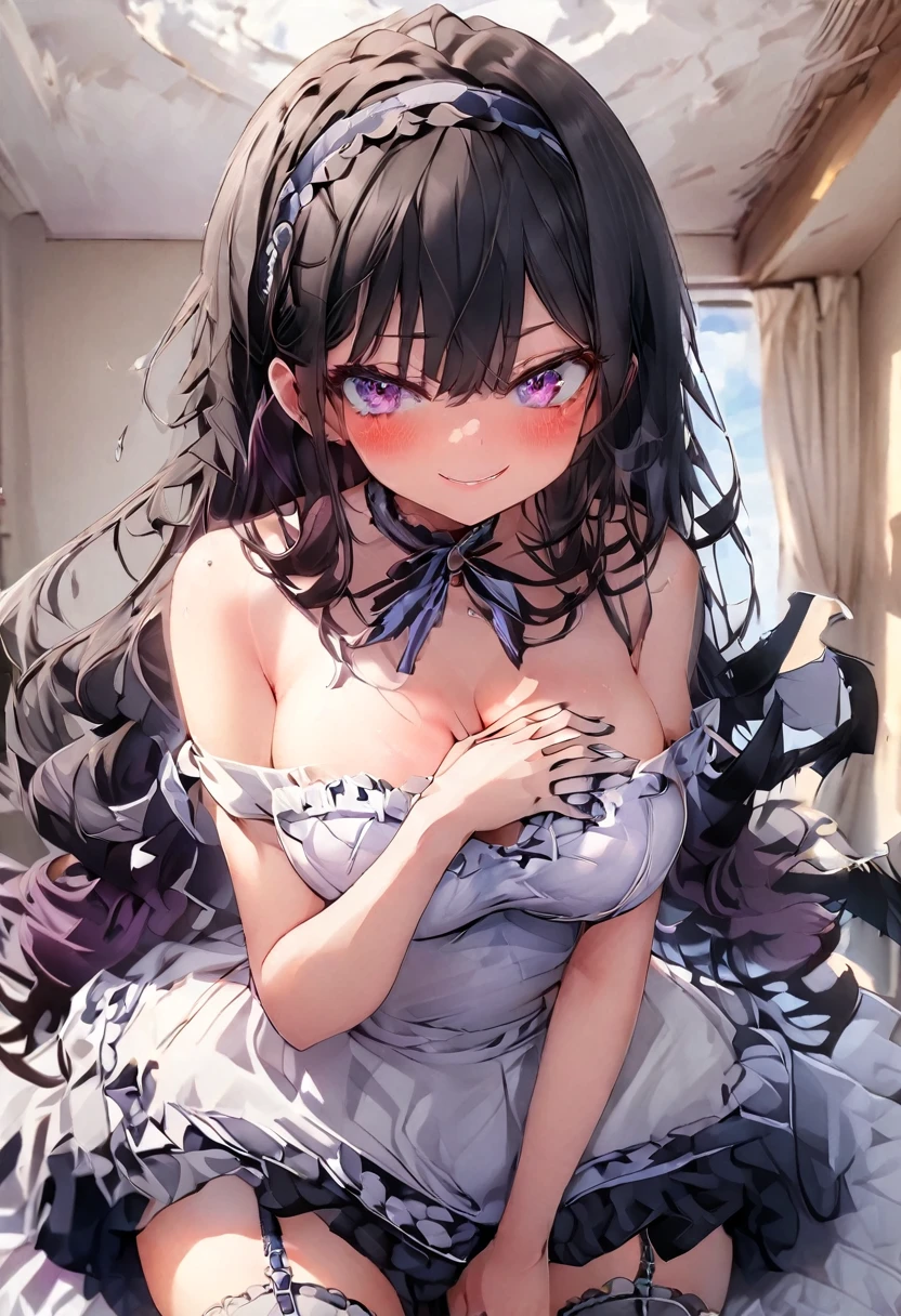 (masterpiece),(score_9,score_8_up,score_7_up),best quality, expressive eyes, perfect face, natural lighting, blurred background, 1girl, (purple eyes, swirly eyes), ((black hair, smooth hair, long hair)), (medium breasts, wide thighs, slim waist), (black hairband, black off shoulder frilled dress, thigh-highs, garter straps, high heels, gothic makeup), ([blush], smirk, smug face, tease), (full body, front view, leaning front, hand over breasts, seductive pose), (messy bedroom background)