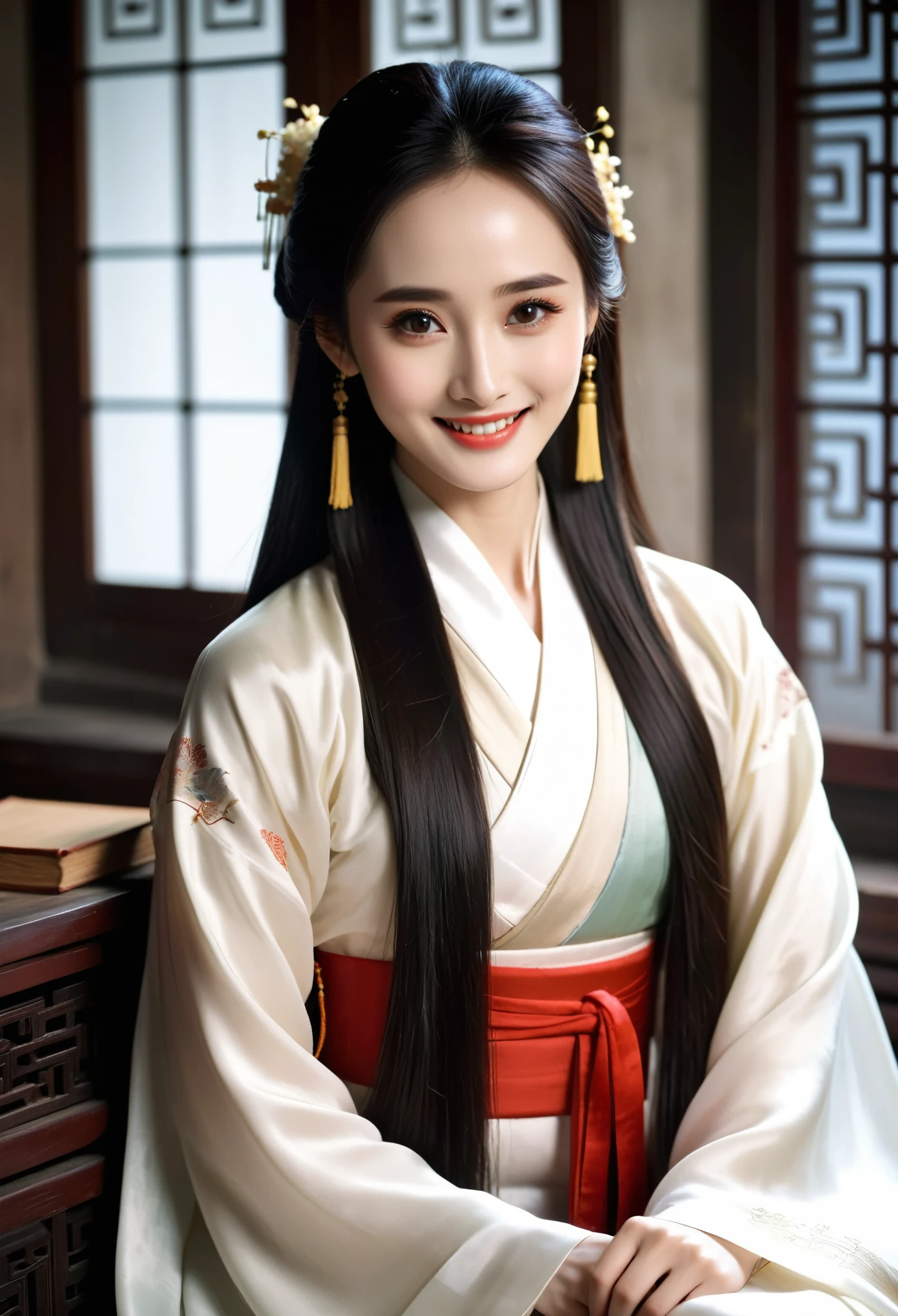 A photo of the beautiful Chinese actress Yang Mi wearing white silk Hanfu, with long straight hair, gray eyes, and thin lips smiling at me in an ancient study. The photo has a 90s style, retro, old movie style with a light color theme and dark background. She is dressed in the style of from that era.
