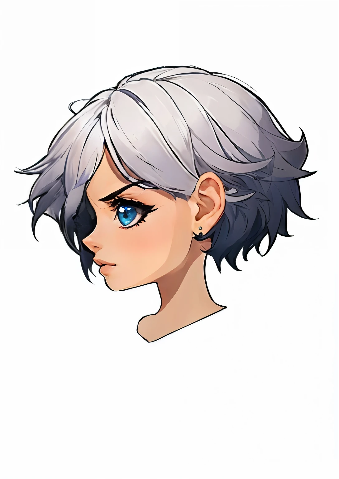 a close-up of a person with short hair and blue eyes, with short white hair, silver hair, garota de silver hair, portrait knights of the zodiac girl, anime style character, official character art, anime woman headshot profile, anime character portrait, anime girl portrait profile, ciborgue - garota com silver hair, silver-haired, anime character, character profile art
