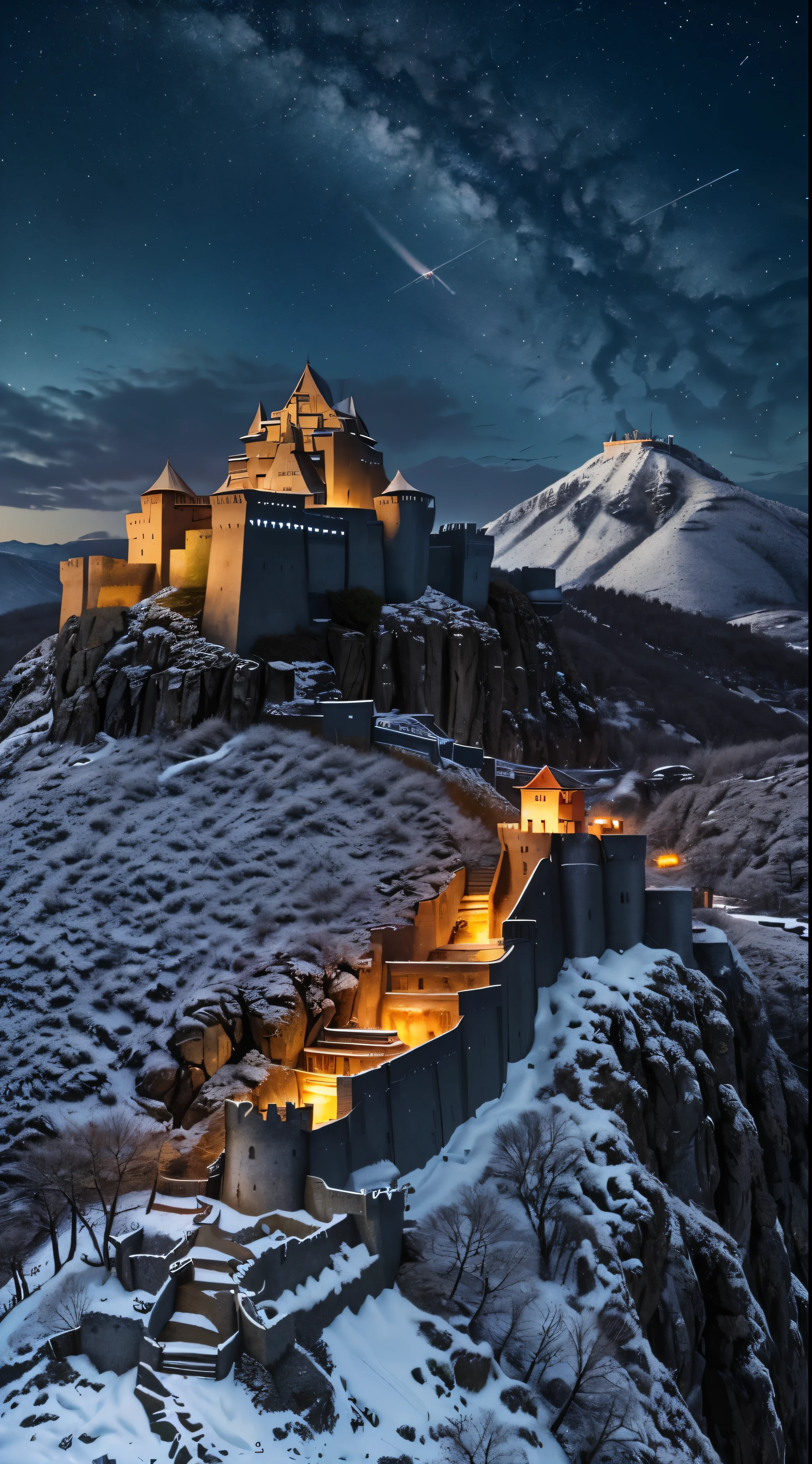 High-definition video Astepiece、An illustration、(Located in a remote mountain area、A huge military fortress made of steel)、Pale blue sky、Light of the sun、nature、(mountains)、No saturation、(A girl in a navy blue coat standing in the distance and walking towards a castle)、medium length red hair、Golan Heights、(A glowing red white dragon flies over the fortress)Light of the sunがある