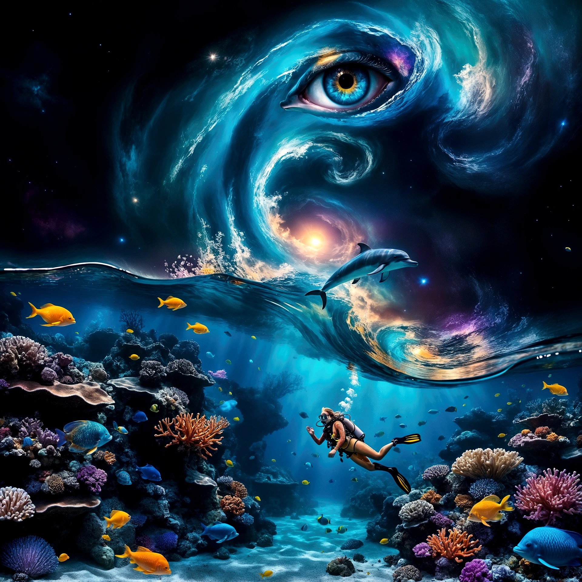 A huge luminescent barrier reef with glowing fishes and jellyfishes. floating bioluminescent orbs that drift lazily through the water, casting a soft glow.(( A woman goes scuba diving , wearing a detailed whimsical outfit . The bodice has fish scale patterns in layers)). Add subtle, translucent silhouettes of mythical sea creatures in the background, barely visible but adding to the mystical feel. A dolphin jumping out of a wave, illuminated by moonlight filtering through the water. A sky dominated by a massive cosmic eye, surrounded by swirling galactic patterns and luminous stars. Spiraling waves that seamlessly blend into the cosmic sky. a gentle, otherworldly melody that seems to resonate from the cosmic eye, creating an auditory illusion in the viewer's mind.. Envelop the entire scene in a soft, shimmering haze that adds to the ethereal quality. Atmosphere: Evoke a mystical and dreamlike atmosphere, blurring the boundaries between reality and imagination. A peaceful atmosphere. Use lines and patterns to naturally direct the viewer’s attention upwards. Envelop the entire scene in a soft, shimmering haze that adds to the ethereal quality. Atmosphere: Evoke a mystical and dreamlike atmosphere, blurring the boundaries between reality and imagination. Create a sense of depth and dimension with sharp details in the foreground and midground, and a slightly softer focus on the cosmic elements in the background. A peaceful atmosphere, absolutely astonishing and beautiful landscape with very saturated colors, glowing. Four-dimensional, the best quality, photoréaliste, éclairage cinématographique,