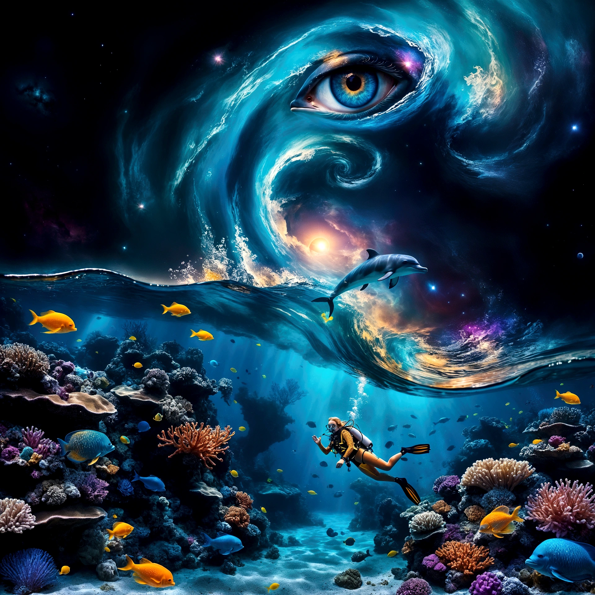 A huge luminescent barrier reef with glowing fishes and jellyfishes. floating bioluminescent orbs that drift lazily through the water, casting a soft glow.(( A woman goes scuba diving , wearing a detailed whimsical outfit . The bodice has fish scale patterns in layers)). Add subtle, translucent silhouettes of mythical sea creatures in the background, barely visible but adding to the mystical feel. A dolphin jumping out of a wave, illuminated by moonlight filtering through the water. A sky dominated by a massive cosmic eye, surrounded by swirling galactic patterns and luminous stars. Spiraling waves that seamlessly blend into the cosmic sky. a gentle, otherworldly melody that seems to resonate from the cosmic eye, creating an auditory illusion in the viewer's mind.. Envelop the entire scene in a soft, shimmering haze that adds to the ethereal quality. Atmosphere: Evoke a mystical and dreamlike atmosphere, blurring the boundaries between reality and imagination. A peaceful atmosphere. Use lines and patterns to naturally direct the viewer’s attention upwards. Envelop the entire scene in a soft, shimmering haze that adds to the ethereal quality. Atmosphere: Evoke a mystical and dreamlike atmosphere, blurring the boundaries between reality and imagination. Create a sense of depth and dimension with sharp details in the foreground and midground, and a slightly softer focus on the cosmic elements in the background. A peaceful atmosphere, absolutely astonishing and beautiful landscape with very saturated colors, glowing. Four-dimensional, the best quality, photoréaliste, éclairage cinématographique,