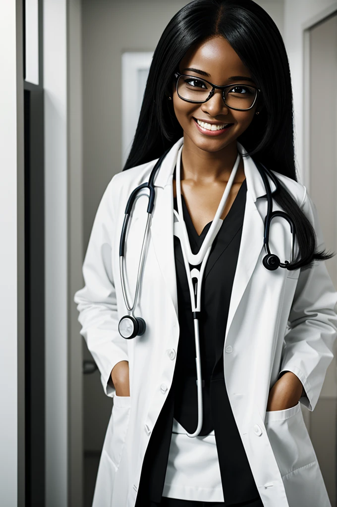 Silhouette of a black and white anime style female doctor with glasses and stethoscope, straight hair loose smiling 