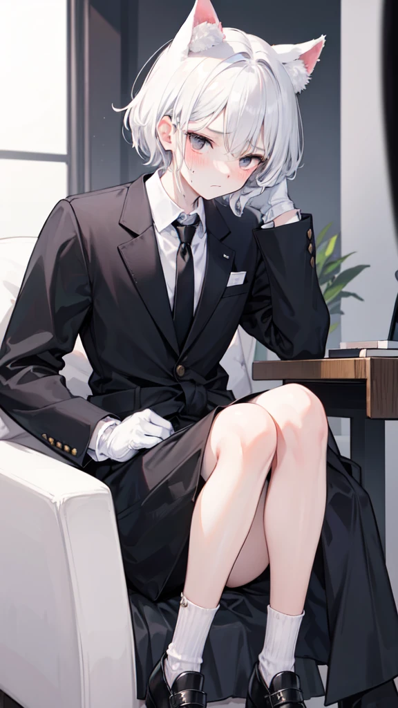 A 18-year-old boy, white and tender skin, cute, wearing white long-sleeved shirt, black jacket and black work tie, black trousers, black booties, white gloves, collar, white hair,wear cat ears, black eyes, thin waist, thin legs, handsome, disdainful and indifferent expression, shy, blush a lot, afraid, sweating, tired, pornography, Pornographic action