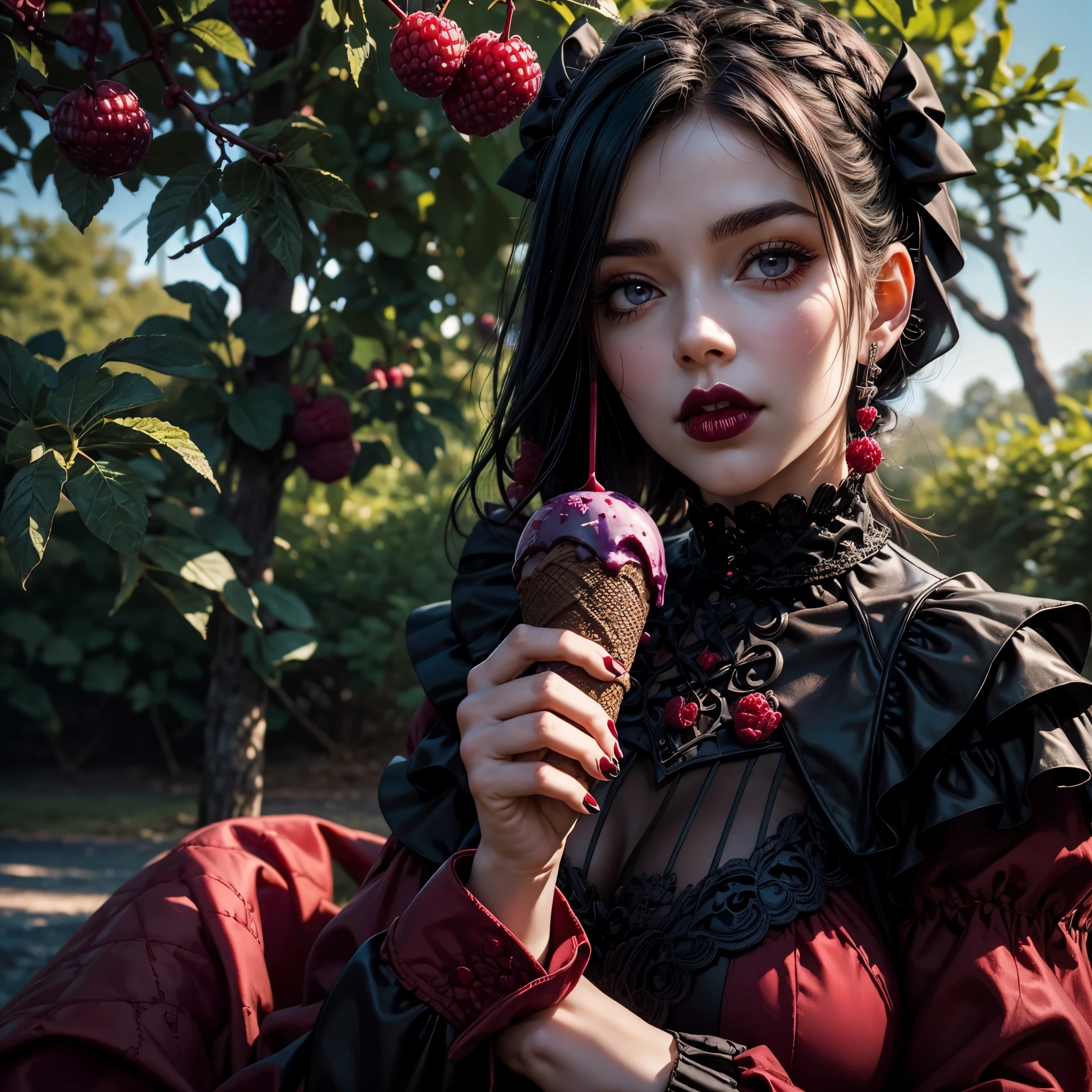 A gothic girl eating a (gothic ice cream in dark red and black, decorated with blueberries and raspberries), under a tree, contrasting sunny day, outdoors.