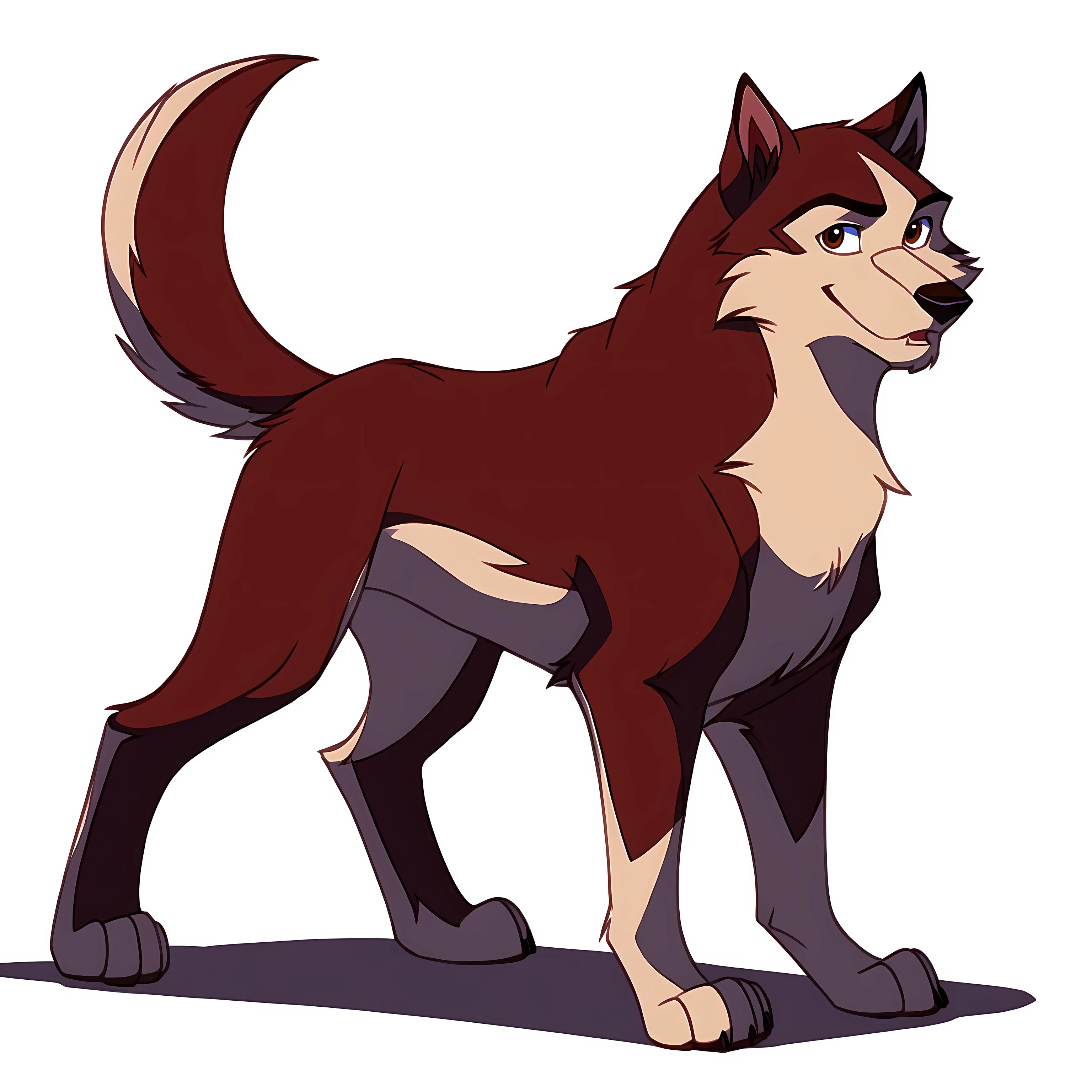 kodi, kodiak (balto), full body, feral, detailed, detailed eyes, quadruped, wfa anatomy, black lineart, black outline, male, masculine, adult, wolf, wolf body, wolf tail, brown eyes, cartoon shading, cel shaded:1.0, white background, full body, paws