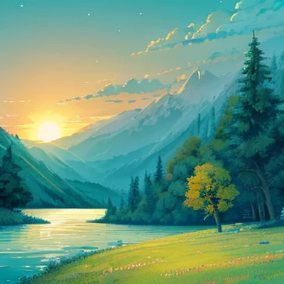 River mountain valley, small sun in the sky, blue sky, trees, grassy field, (river:1.2)