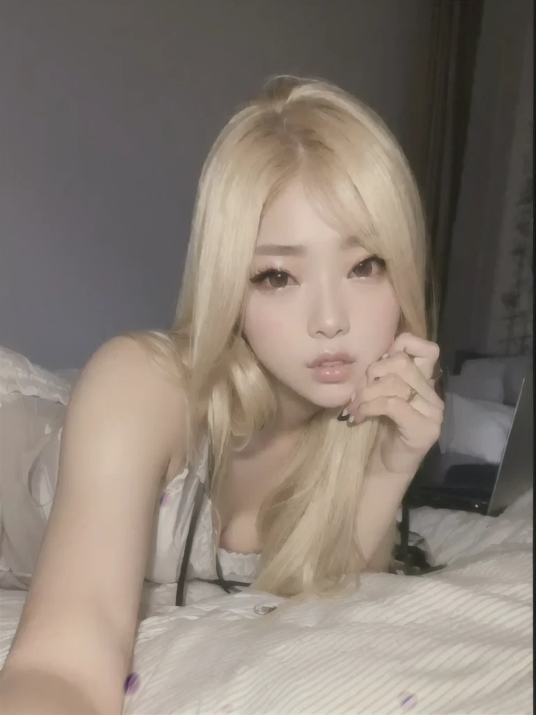 araffed woman laying on a bed with a laptop in her lap, korean girl, gorgeous young korean woman, beautiful south korean woman, wan adorable korean face, roseanne park of blackpink, ulzzang, young adorable korean face, sexy look at the camera, beautiful young korean woman, long blonde hair and big eyes, shikamimi, posing in a bedroom