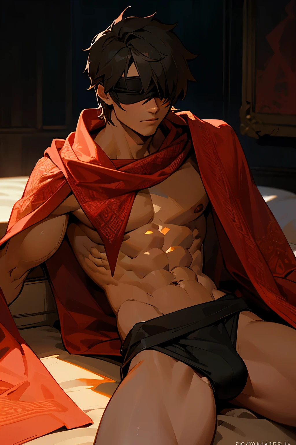 The character is shirtless, showcasing defined abs and a well-toned physique. They are wearing a black blindfold over their eyes. The background features a dimly lit room with warm, ambient lighting, and there is a candle or light source casting a soft glow. The character appears to be sitting or leaning on a red, ornately patterned blanket or fabric.