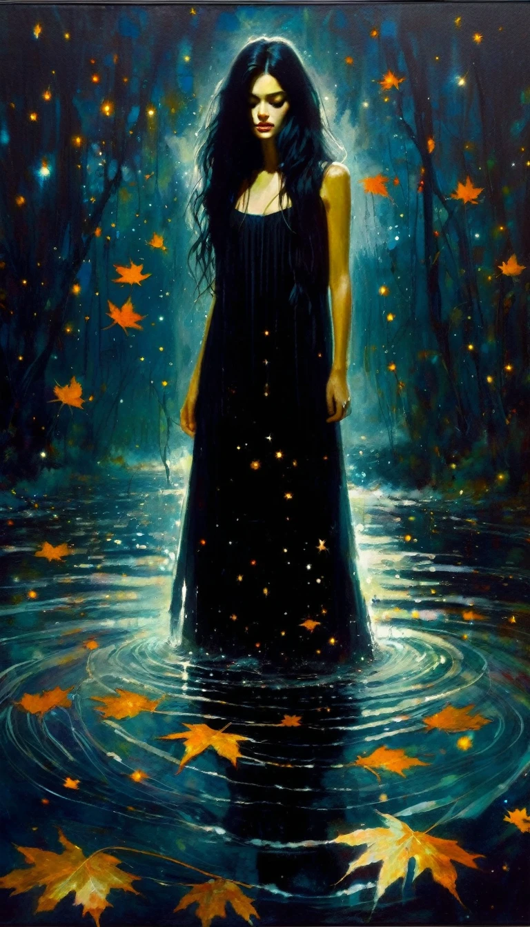 -girl, long black dress with straps, long black hair, eyes closed on the river, murky water, falling leaves, dark tone,magic, fantastic, night sky, stars, background, (art inspired by Bill Sienkiewicz). oil painting)