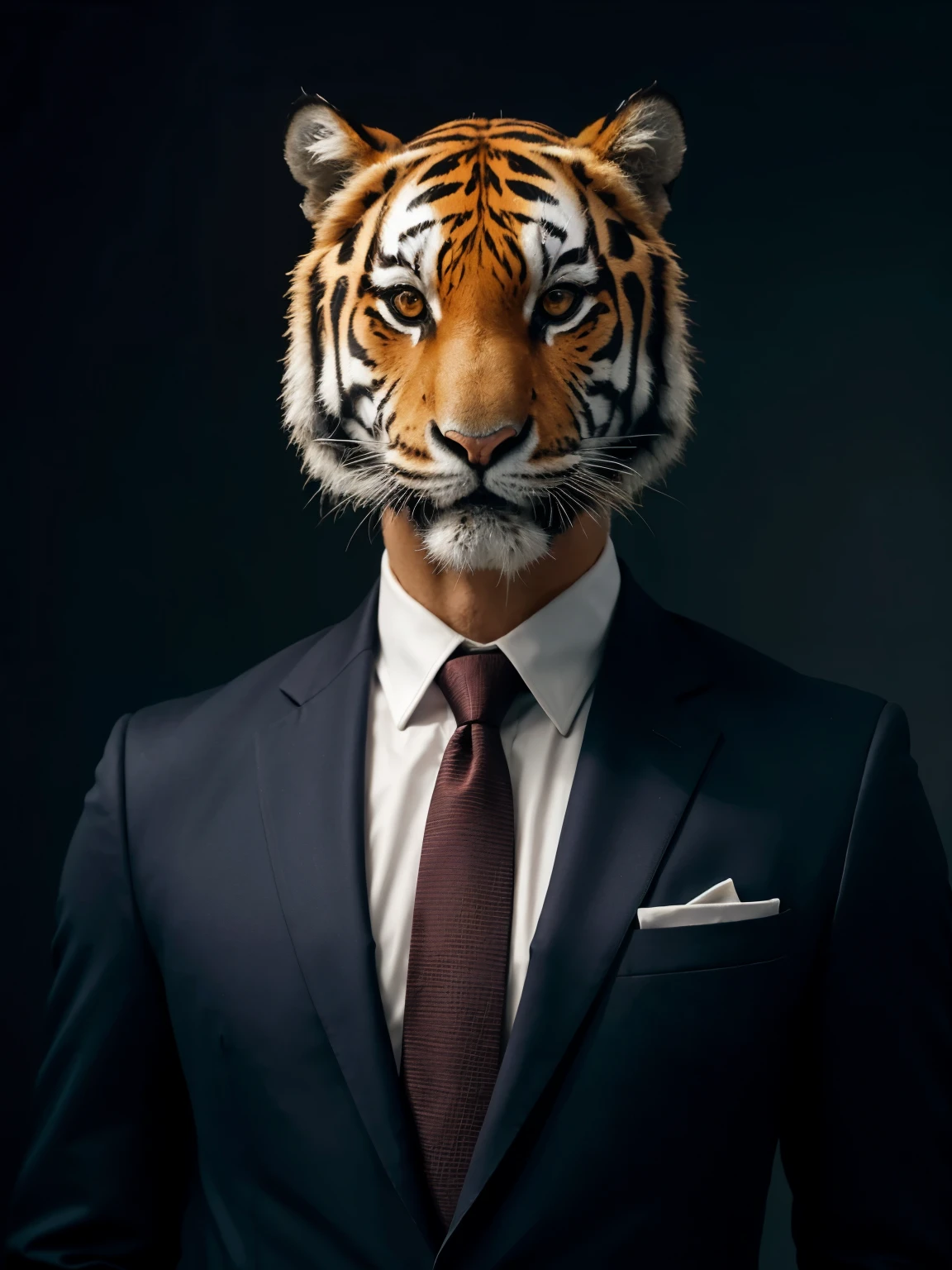 here is the prompt:
"A man with a body wearing a tie and jacket, but with the head of a tiger. The jacket is elegant and dark in color, while the tie complements the set. The tiger's face is detailed, with expressive eyes and fierce snout, contrasting with the professional posture of the human body."