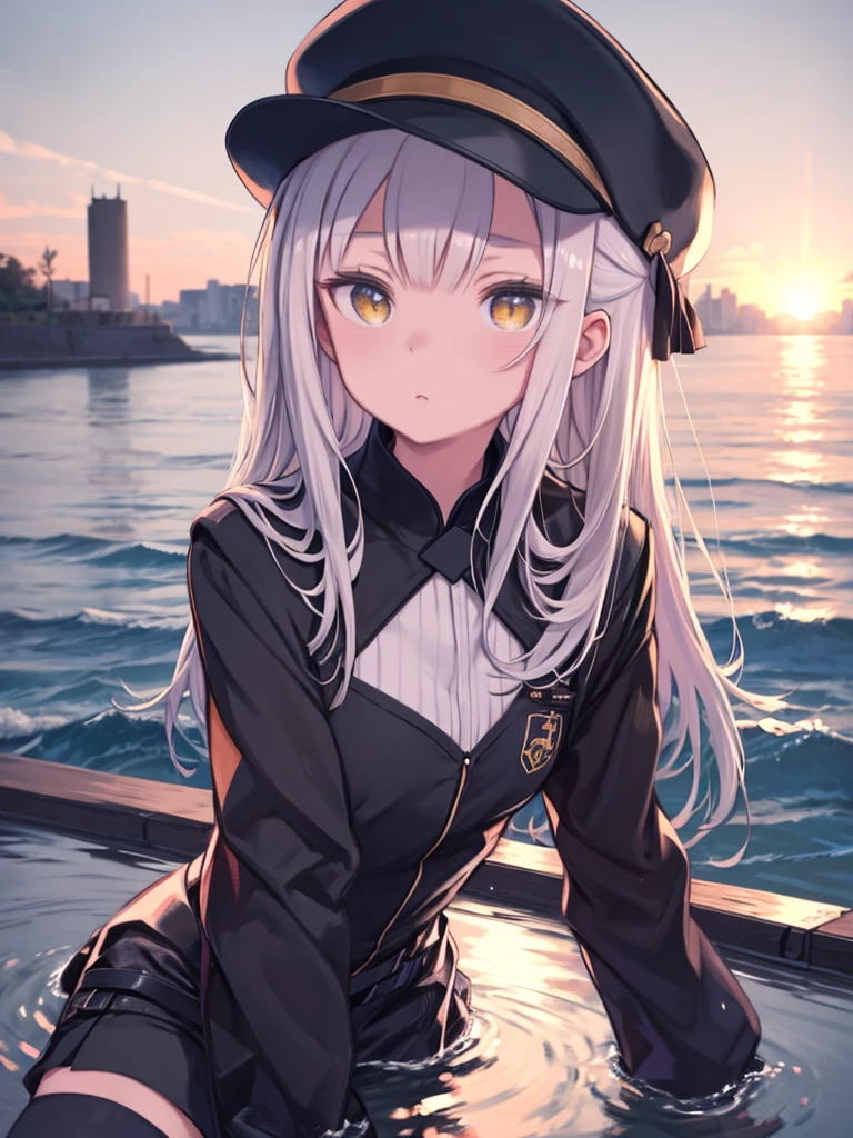 Medium Shot, Medium Shot, Depth of written boundary, bust, Upper Body, Movie angle, Tabletop, Highest quality, Very detailed, Hmph, 8k wallpaper, Pretty face, Delicate eyes, Landmines, alone, Long white hair, Yellow Eyes, hairpin, White shirt, black hooded jacket, Black baseball cap, Black Stockings, Black knee-high boots, sunset, 中世のport, port, Detailed water surface, Sun reflection